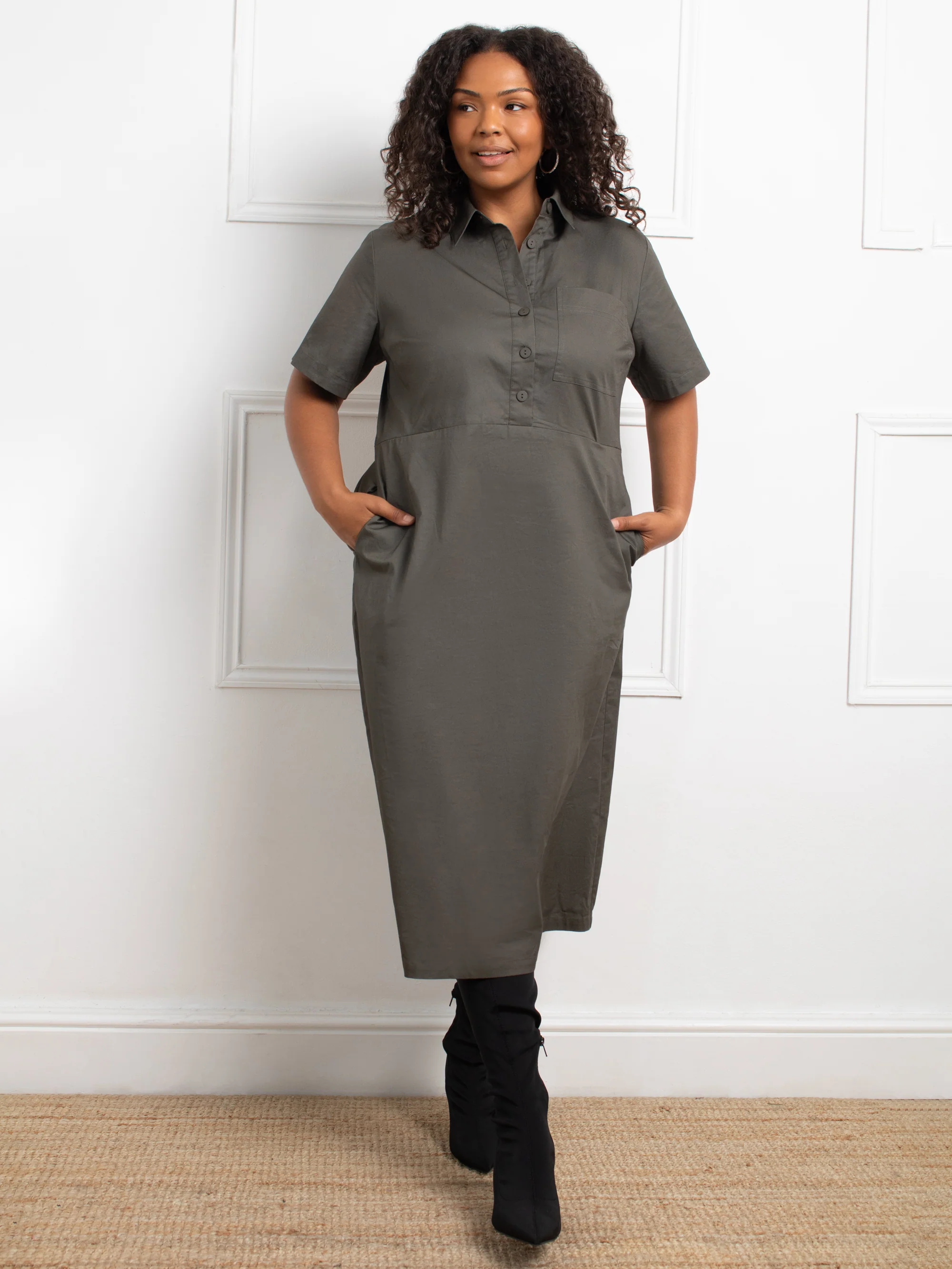 Khaki Green Cotton Utility Dress - Image 5