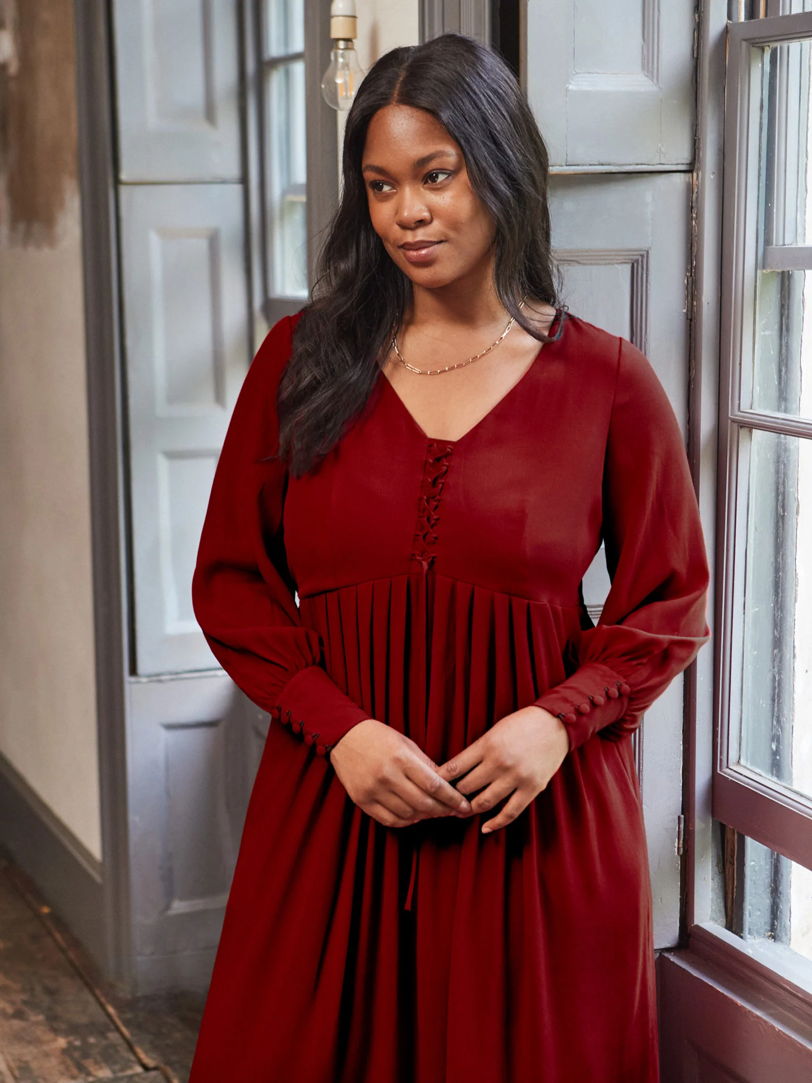 Dark Red Lace Up Blouson Sleeve Midi Dress - Image 3