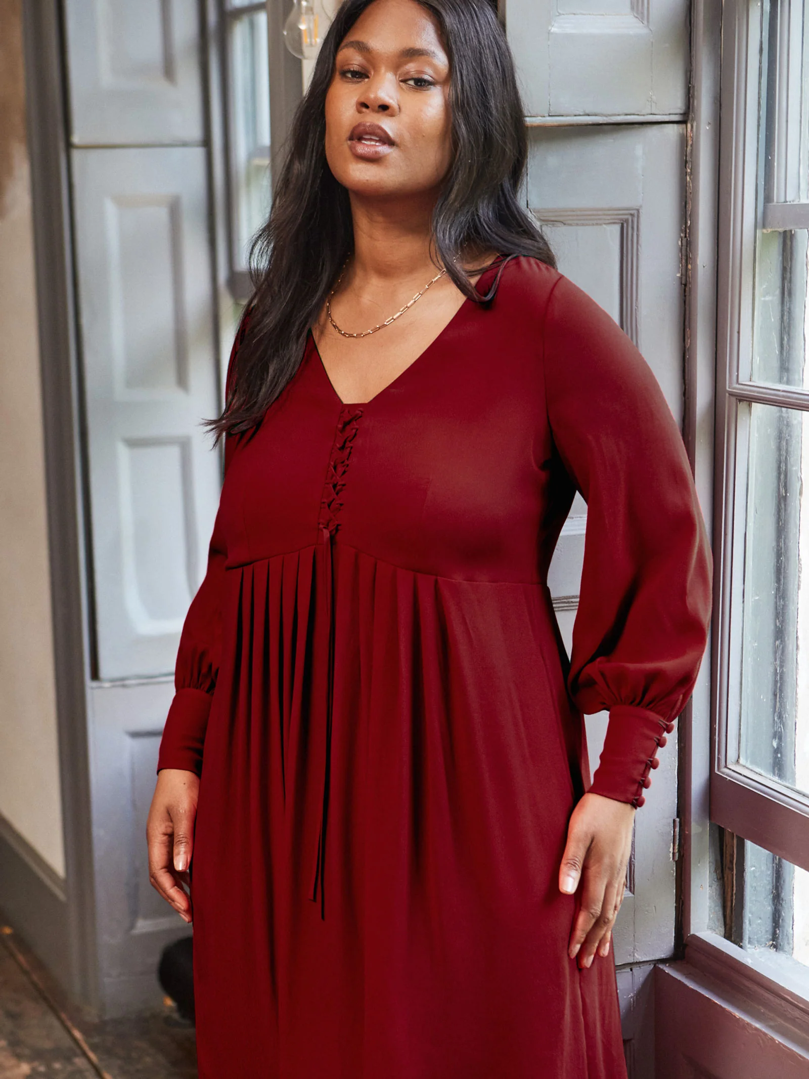 Dark Red Lace Up Blouson Sleeve Midi Dress - Image 4