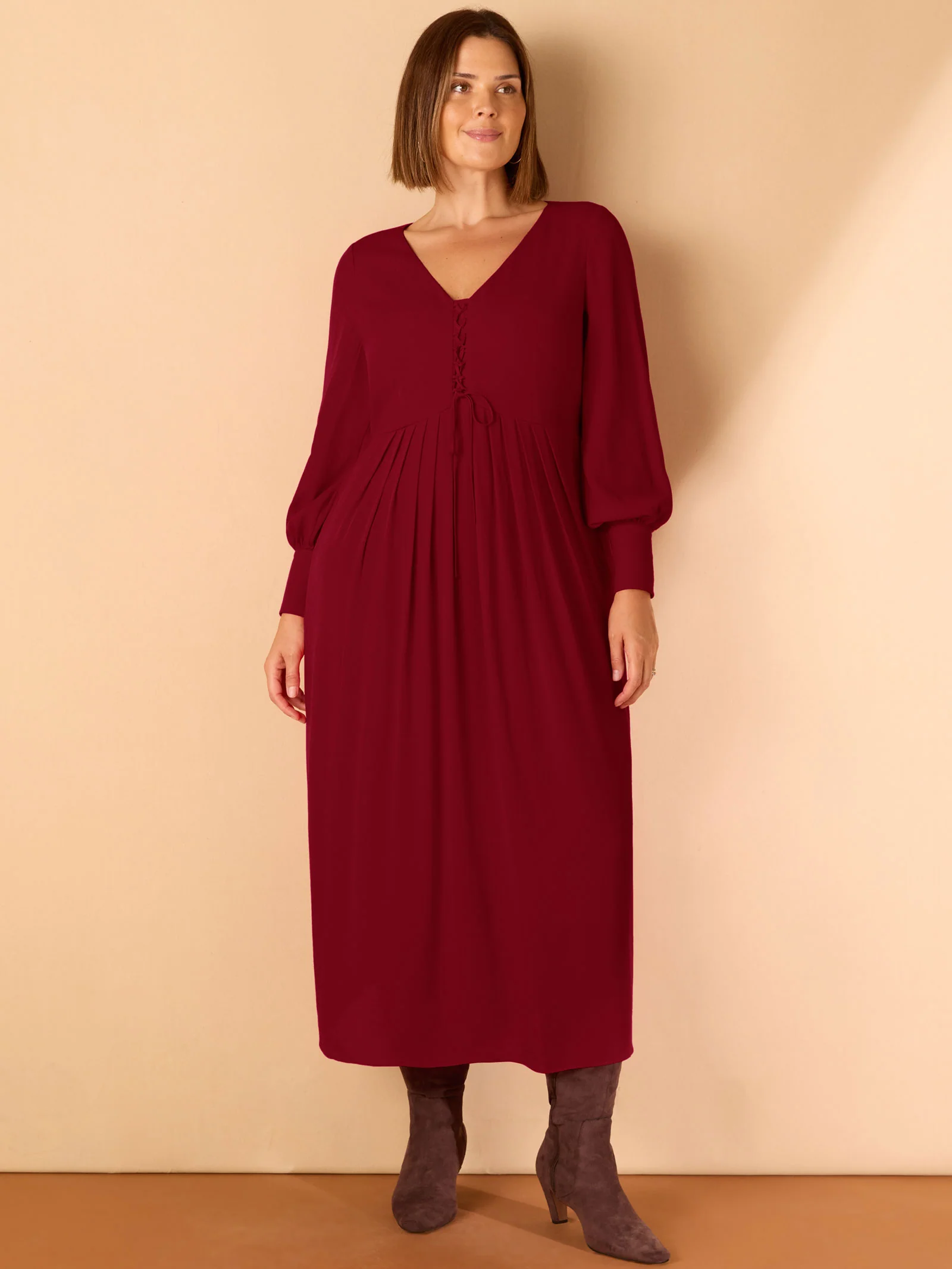 Dark Red Lace Up Blouson Sleeve Midi Dress - Image 5