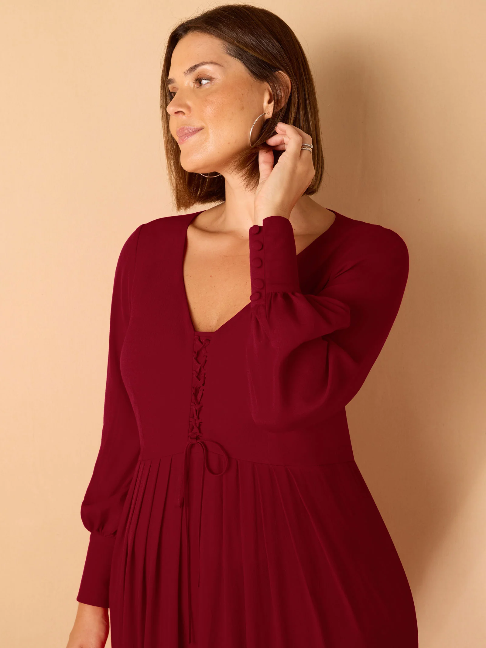 Dark Red Lace Up Blouson Sleeve Midi Dress - Image 6