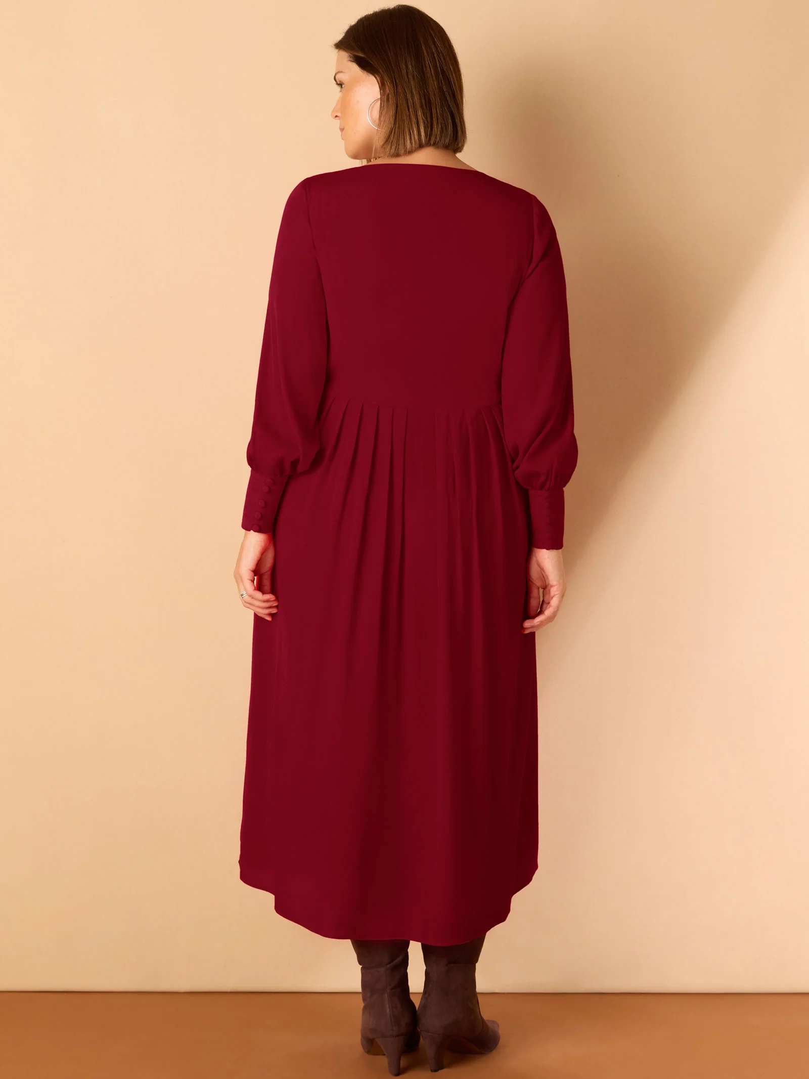 Dark Red Lace Up Blouson Sleeve Midi Dress - Image 7
