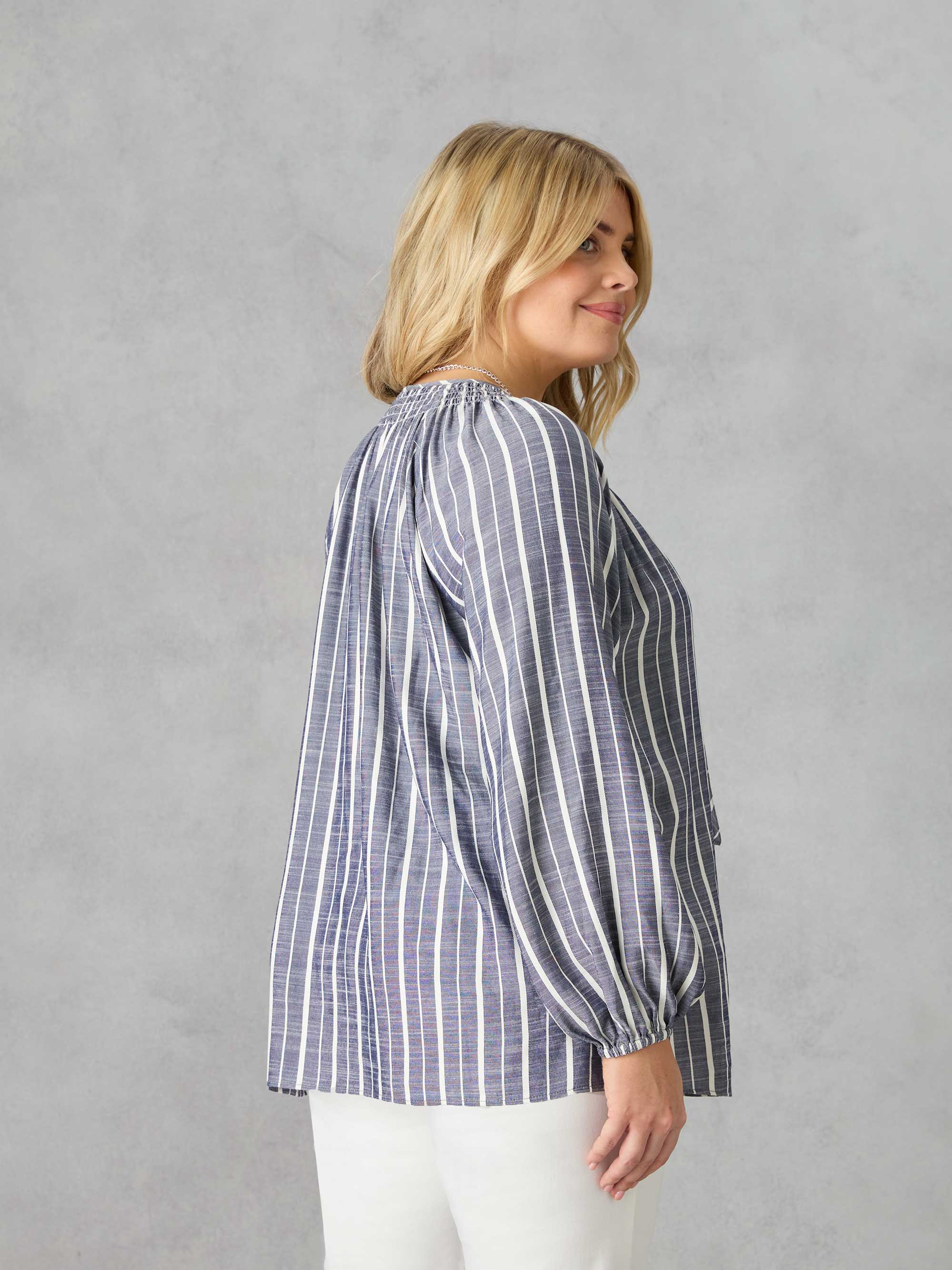 Denim Stripe Shirred Boho Blouse - Image 3