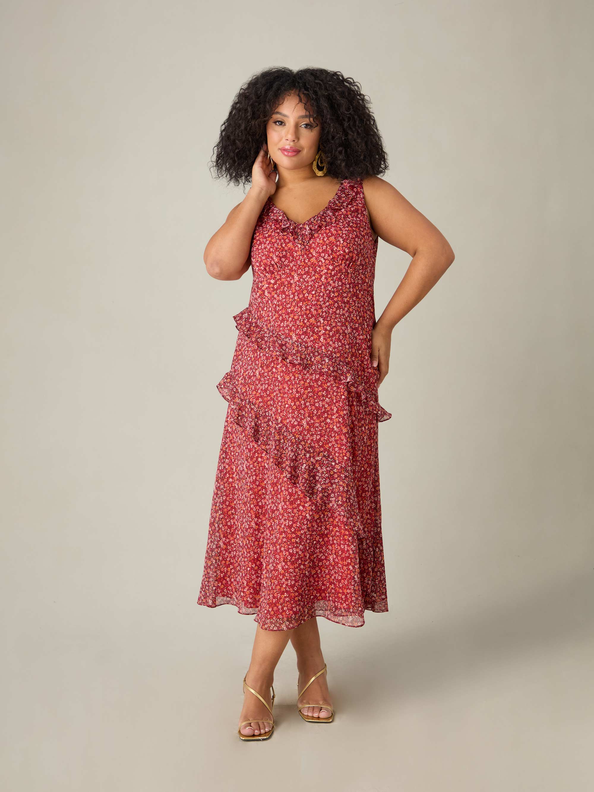 Floral Metallic Frill Midaxi Dress - Image 3