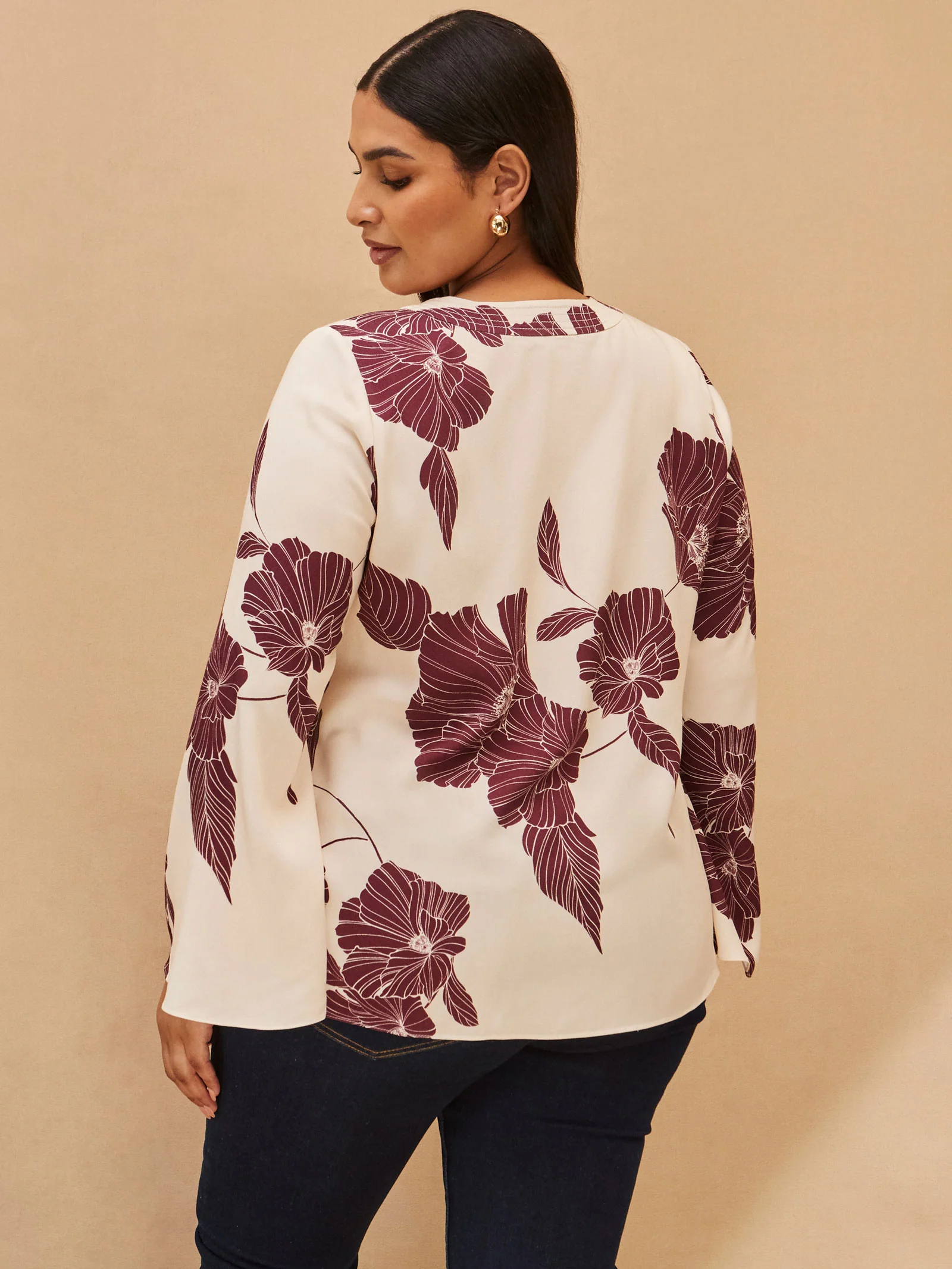 Burgundy Floral Print Keyhole Blouse - Image 4