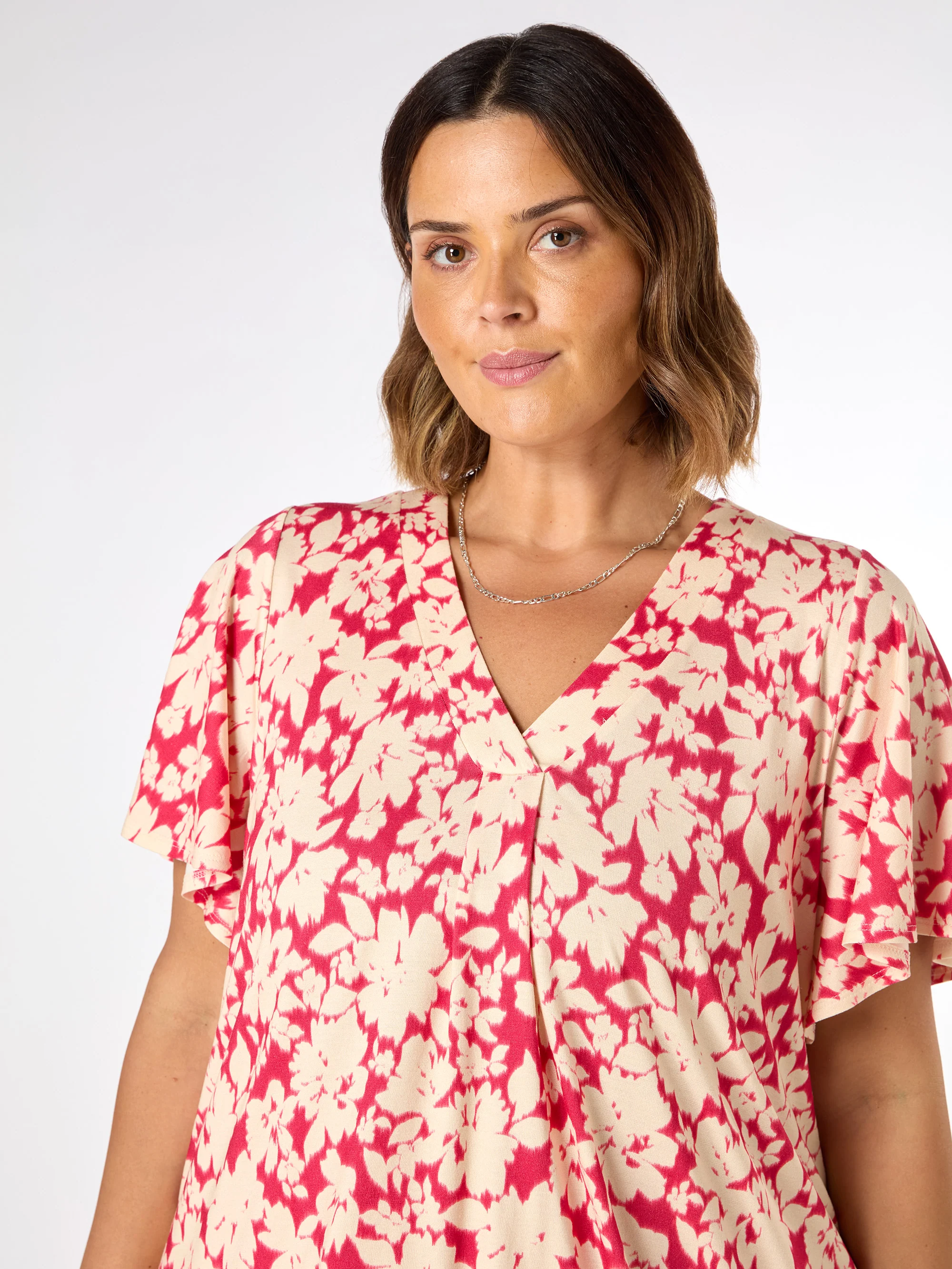 Raspberry Floral Print Jersey Pleat Front Top - Image 2