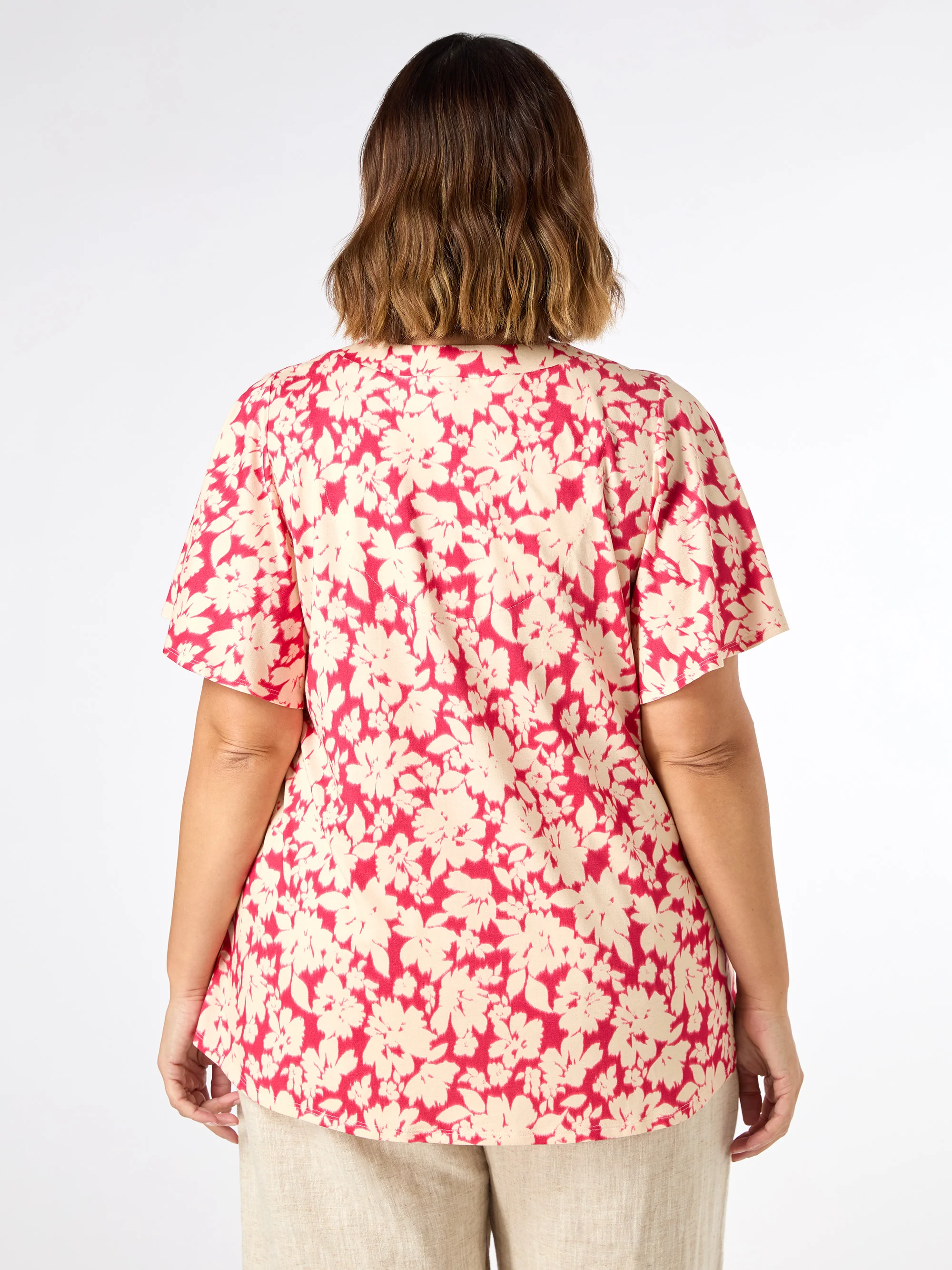 Raspberry Floral Print Jersey Pleat Front Top - Image 3
