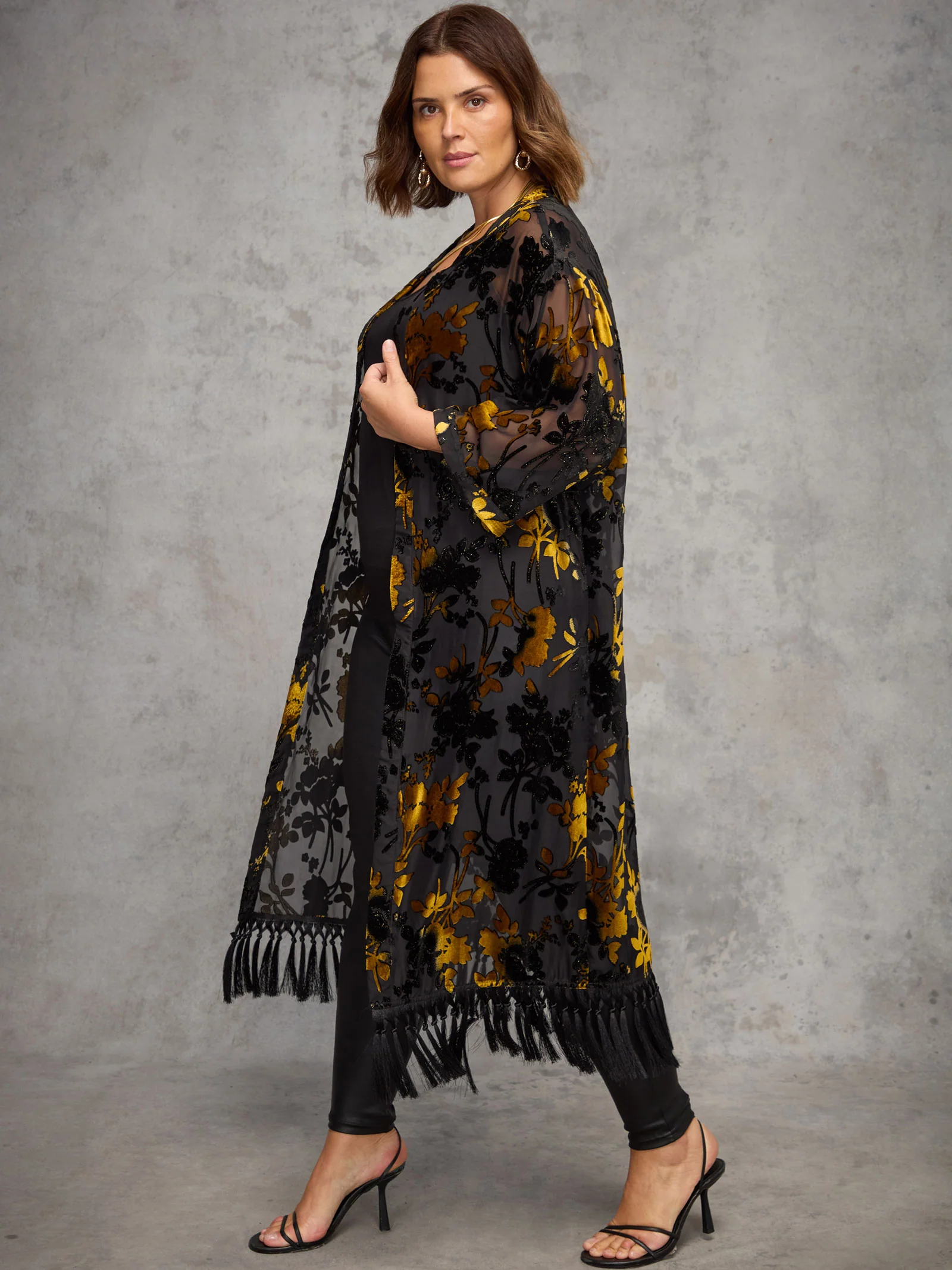 Gold Floral Devore Longline Fringe Kimono - Image 2