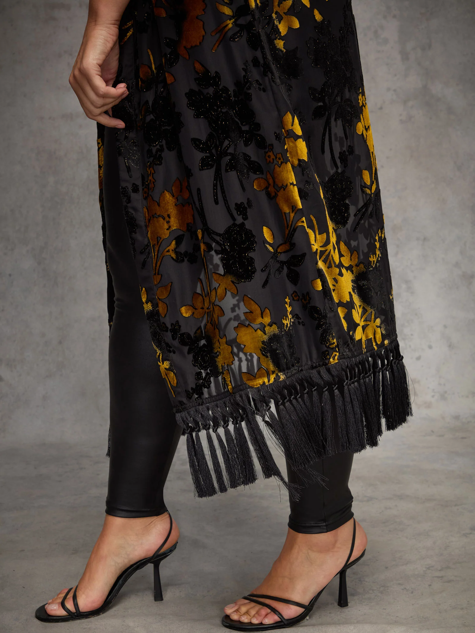 Gold Floral Devore Longline Fringe Kimono - Image 3
