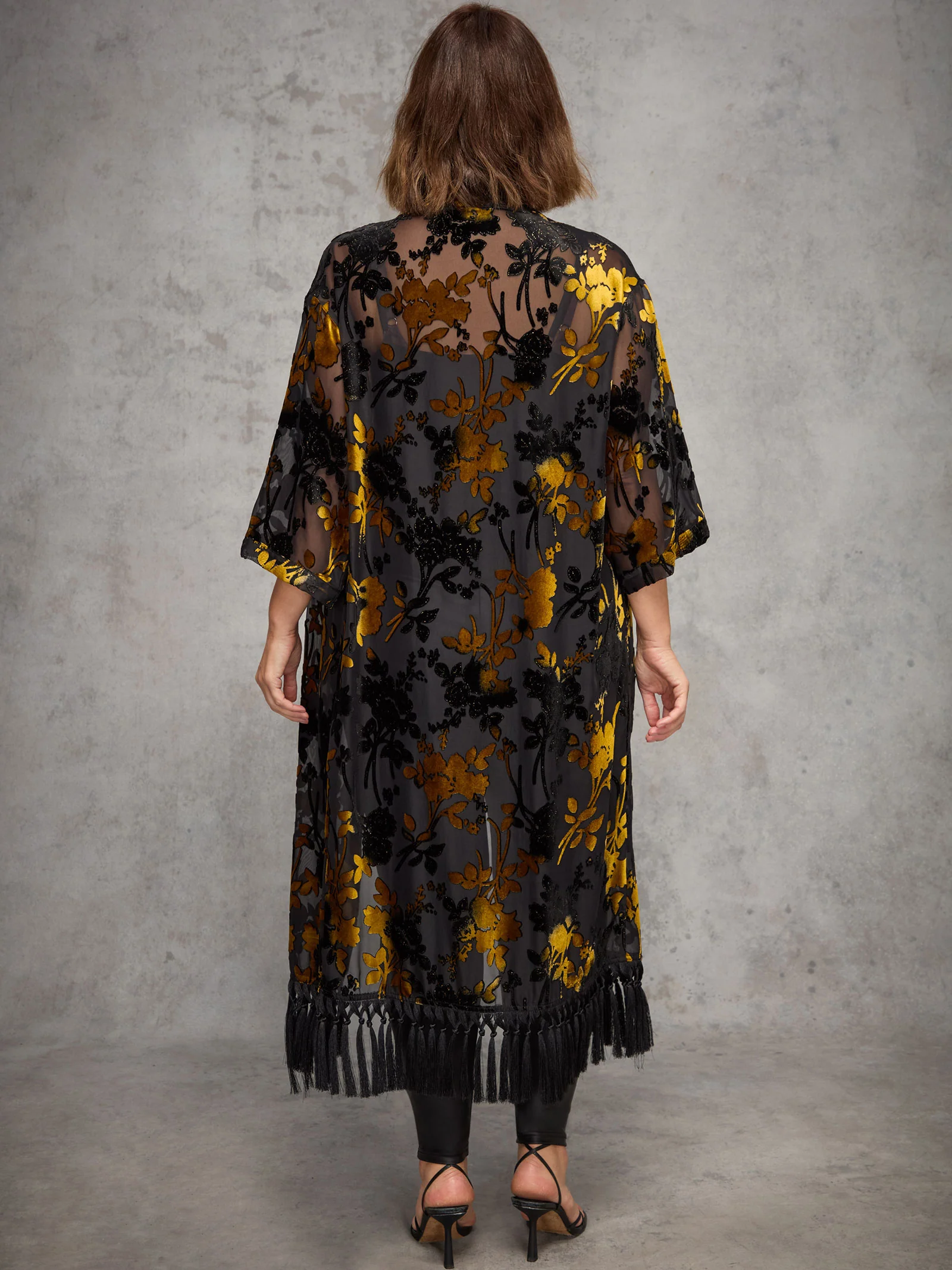 Gold Floral Devore Longline Fringe Kimono - Image 4