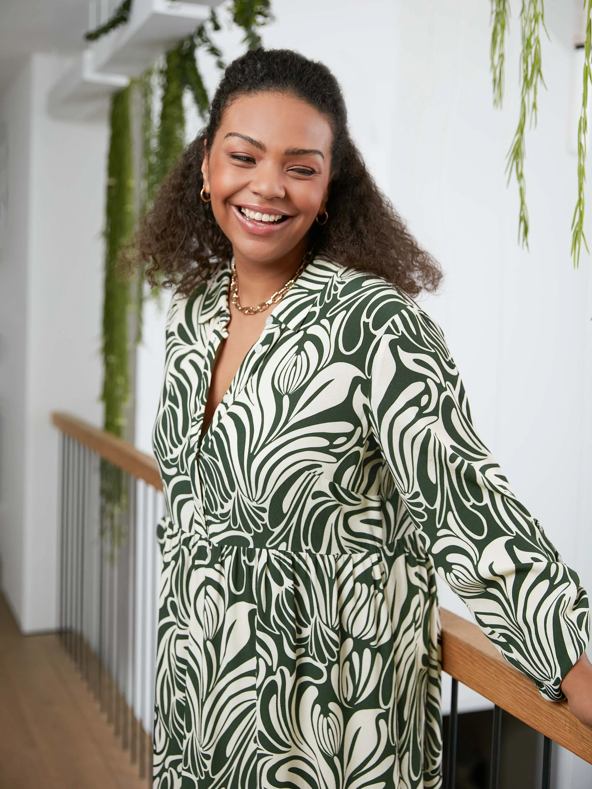 Green Abstract Print Button Through Shirt Dress - Image 2