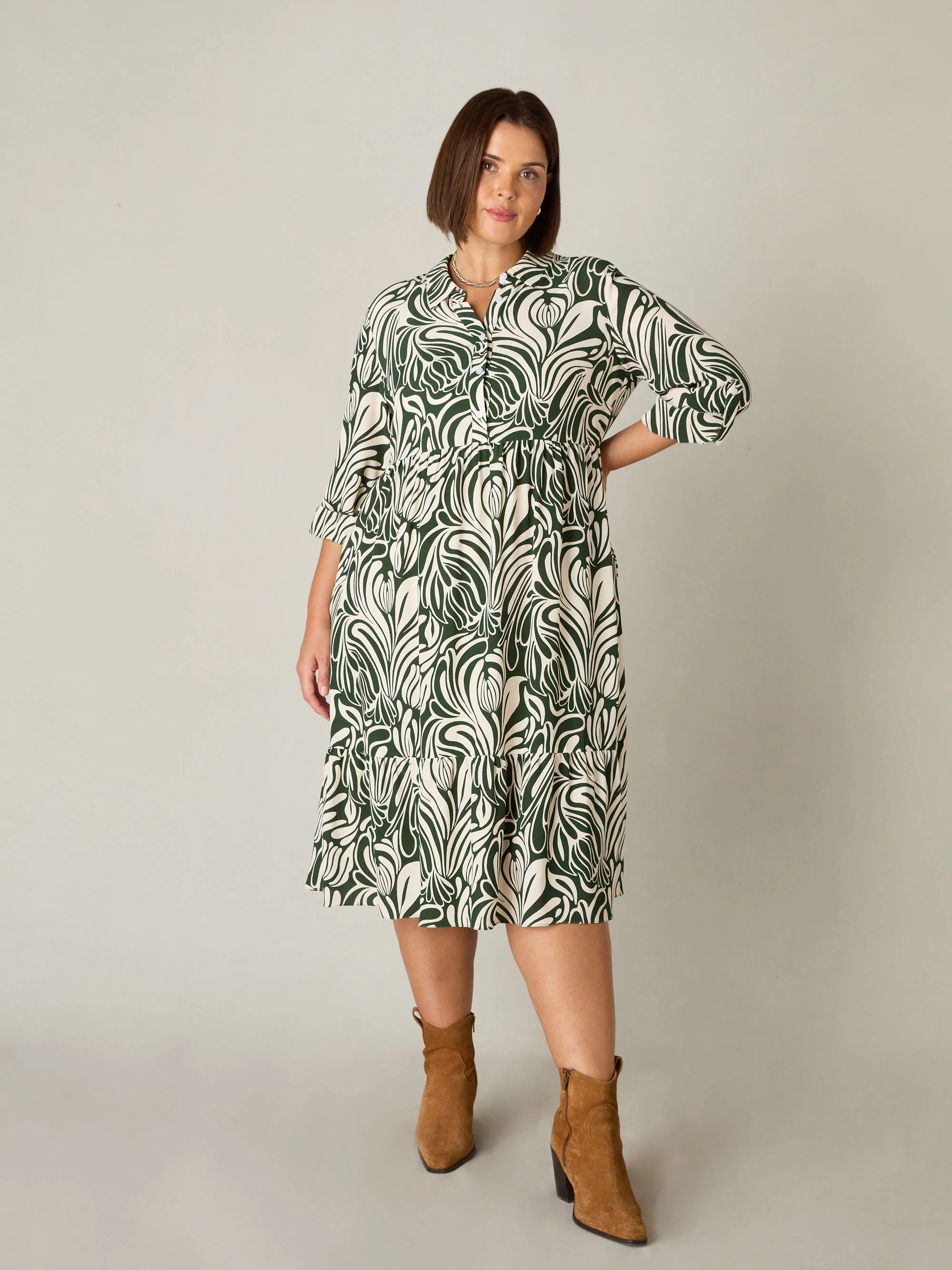 Green Abstract Print Button Through Shirt Dress - Image 3