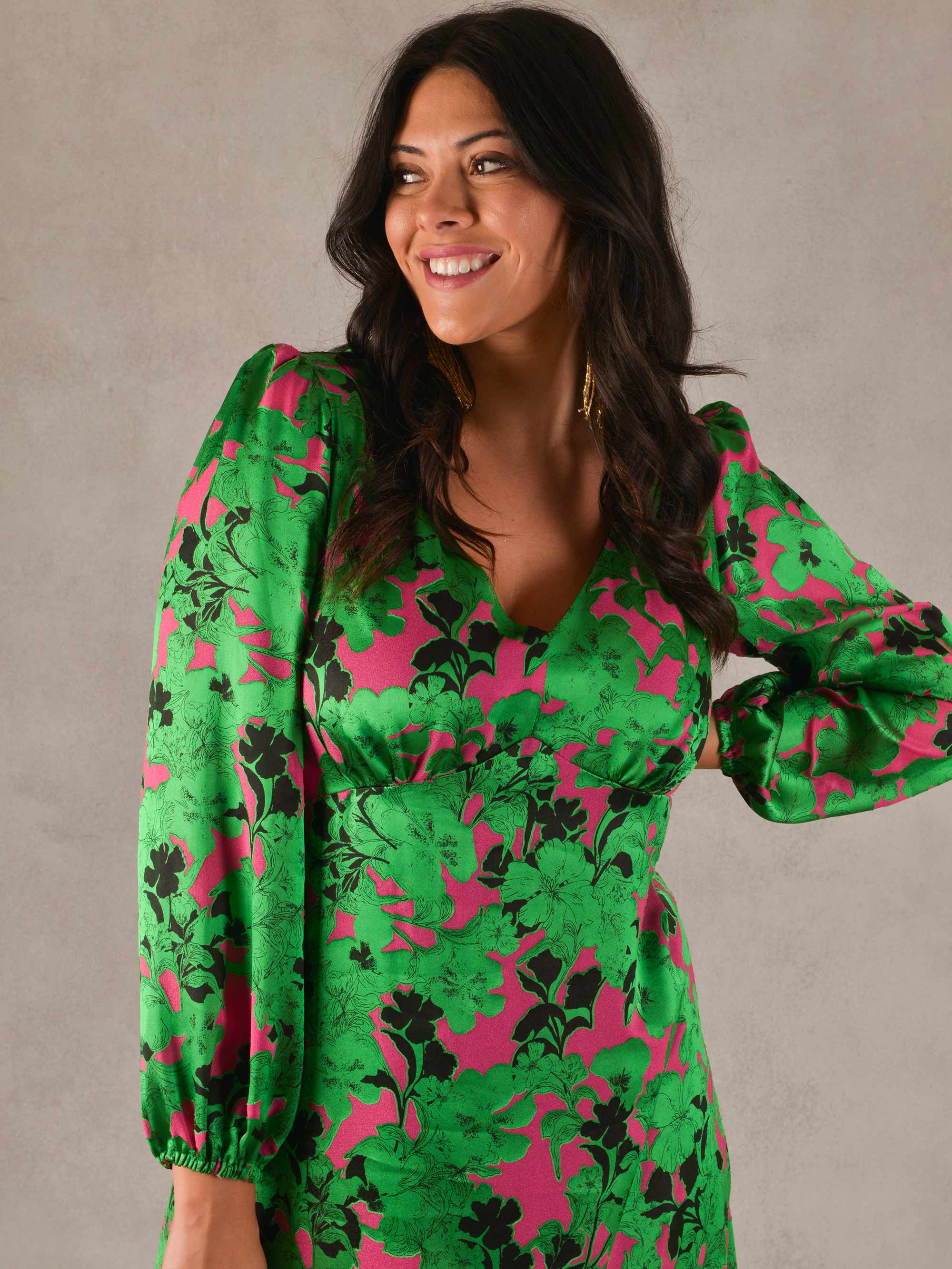 Green & Pink Floral Burnout High Low Hem Dress - Image 2
