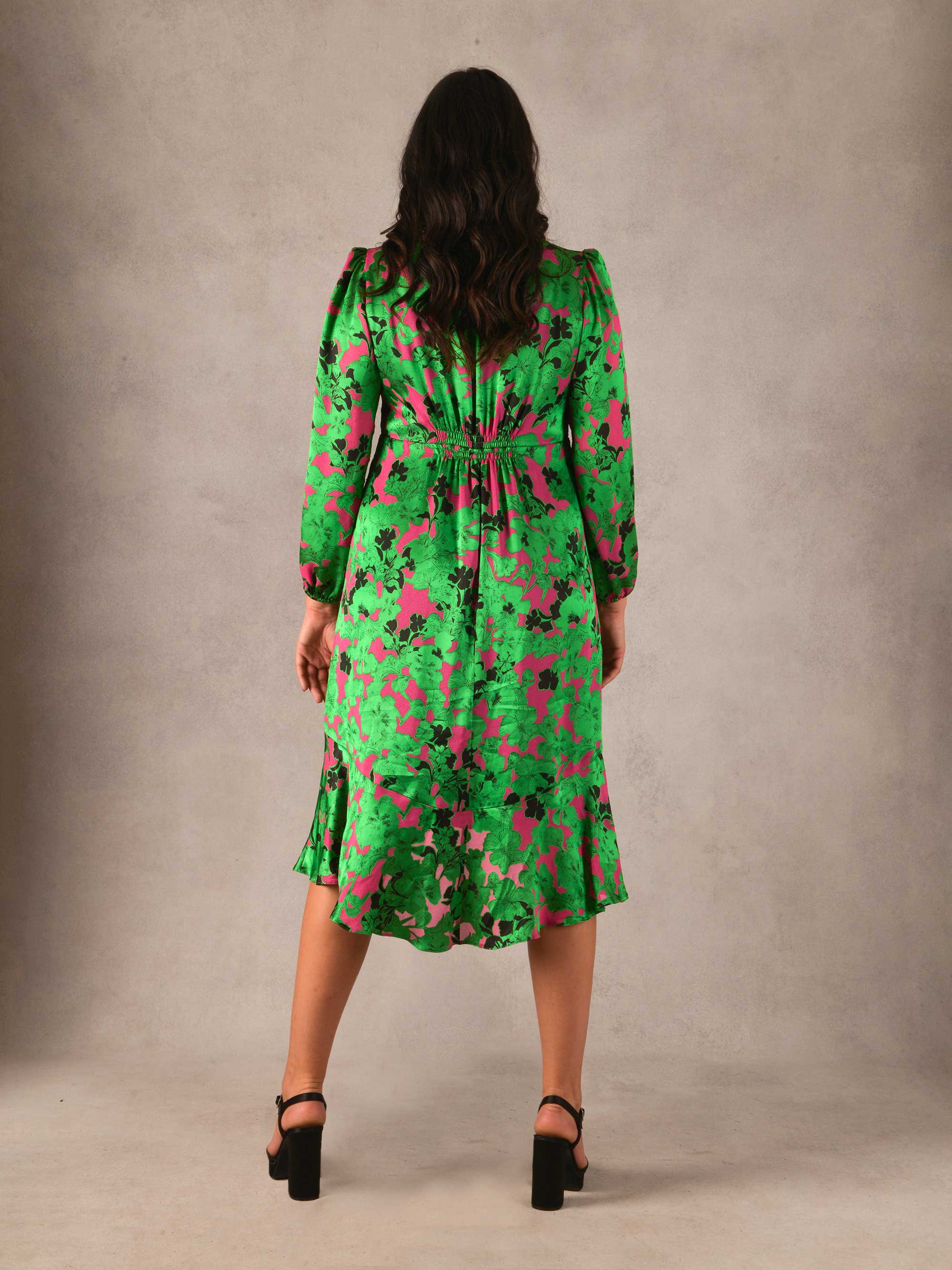 Green & Pink Floral Burnout High Low Hem Dress - Image 3