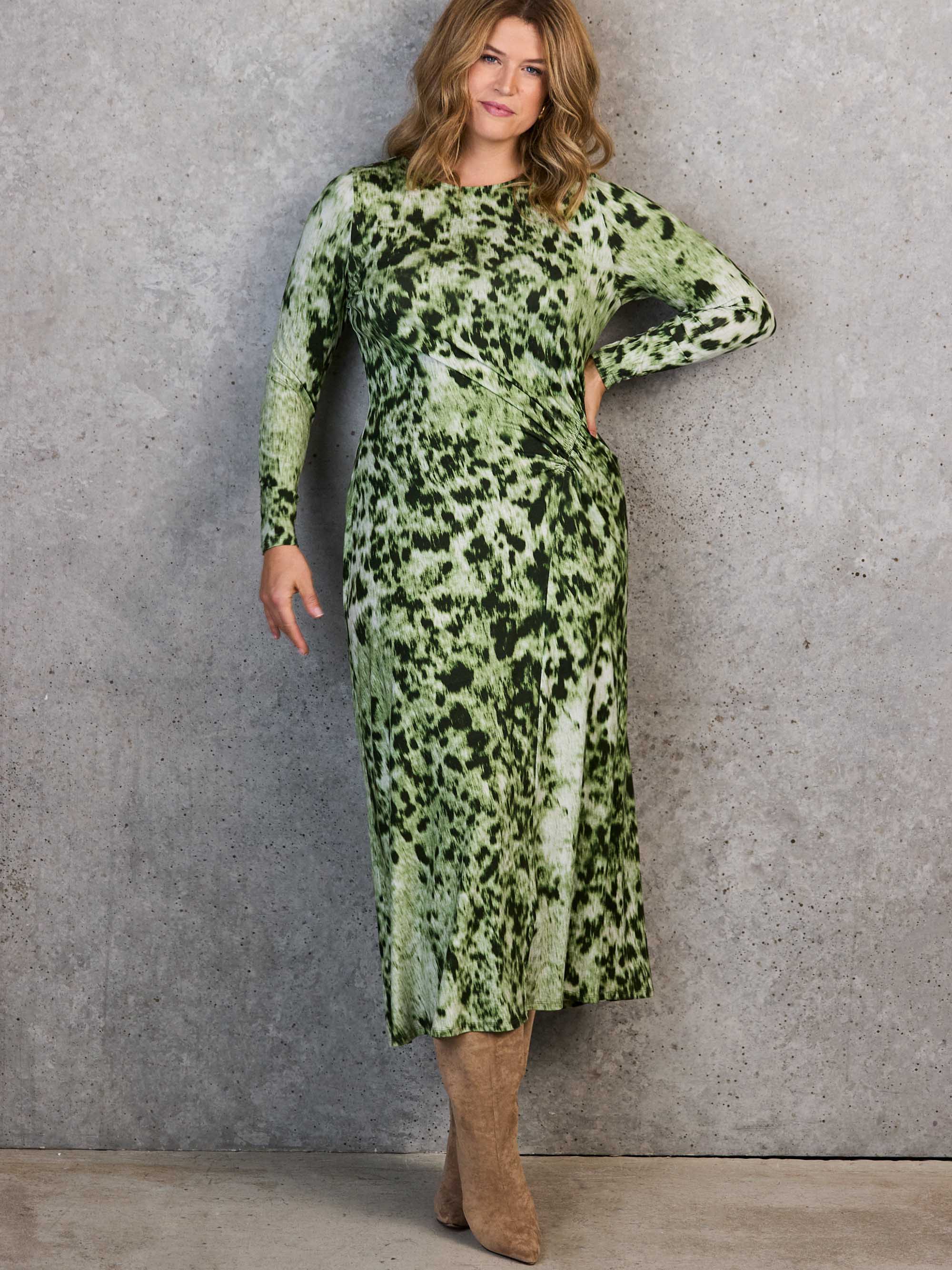Green Animal Abstract Print Ruched Jersey Dress - Image 3