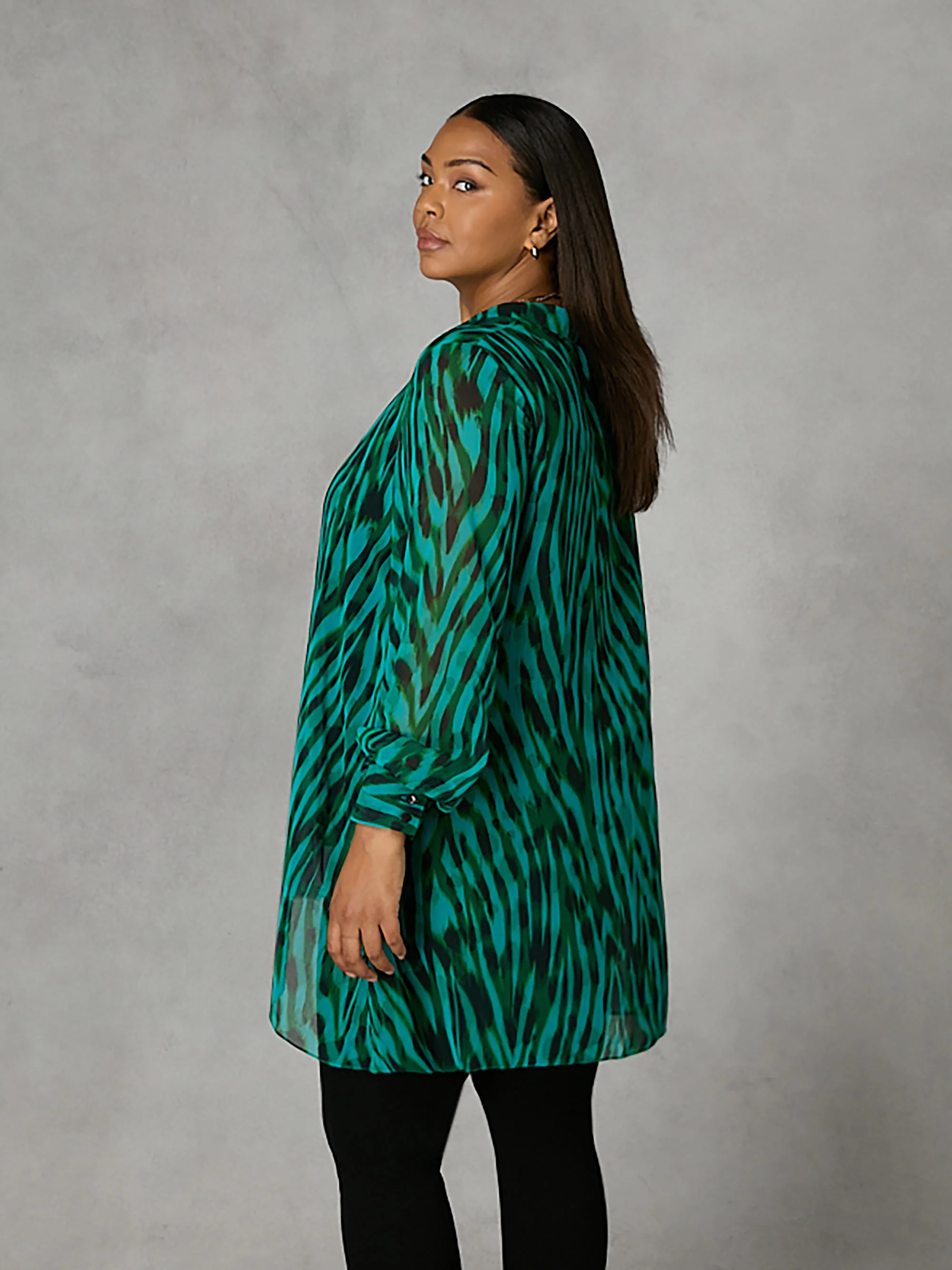 Green Animal Print Button Through Hanky Hem Shirt - Image 3
