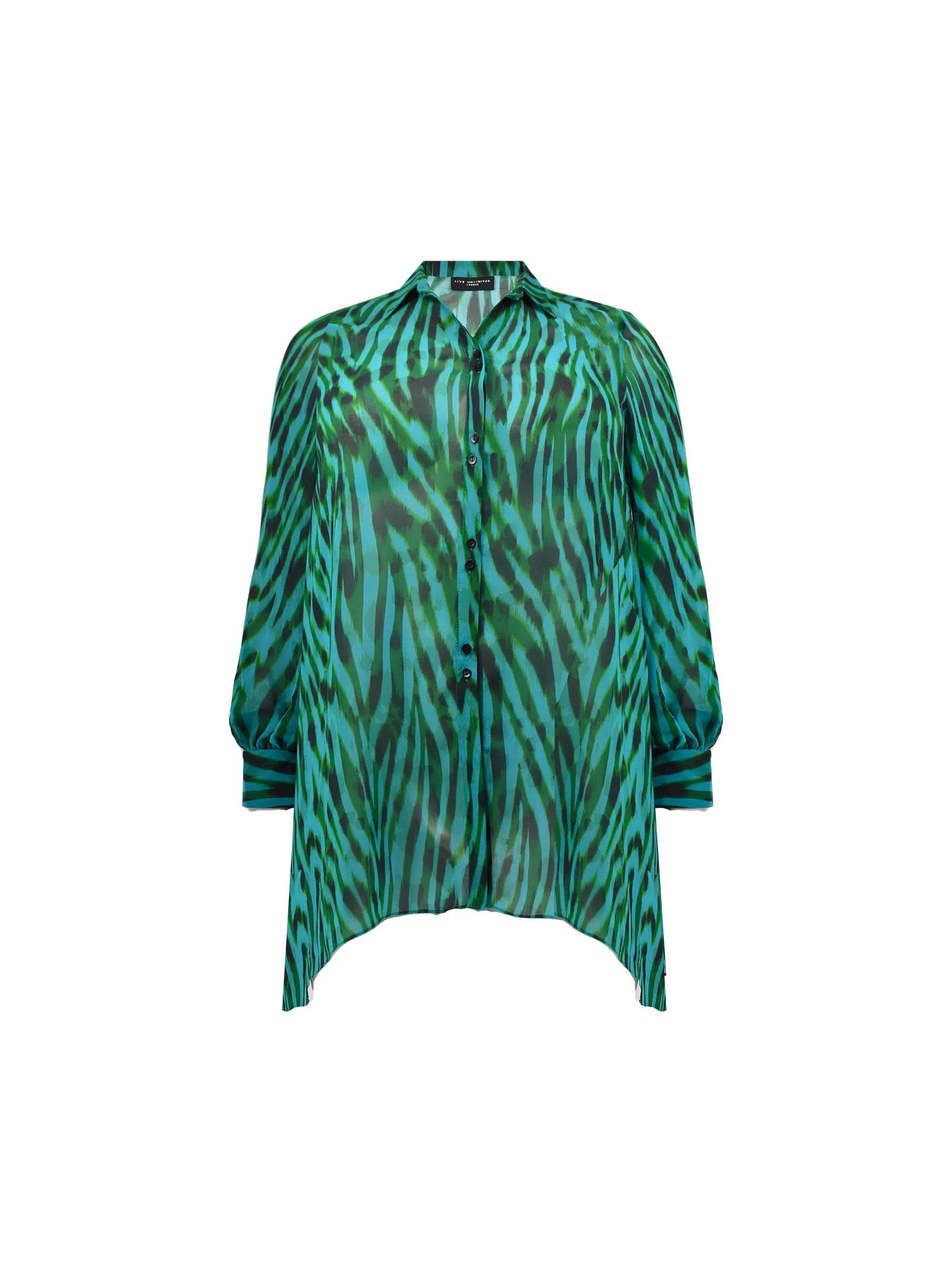 Green Animal Print Button Through Hanky Hem Shirt - Image 4