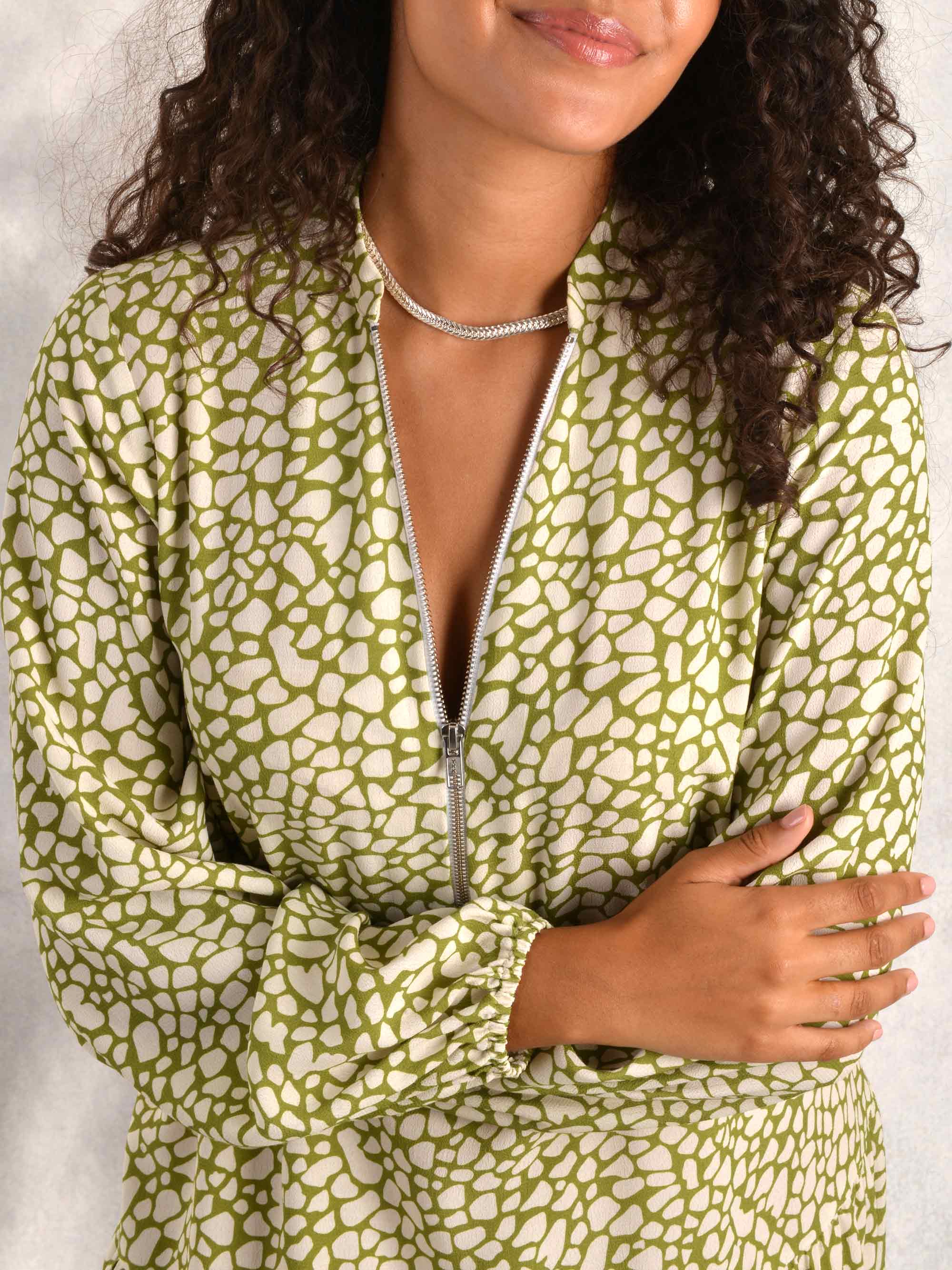 Green Animal Print Zip Front Tiered Dress - Image 2