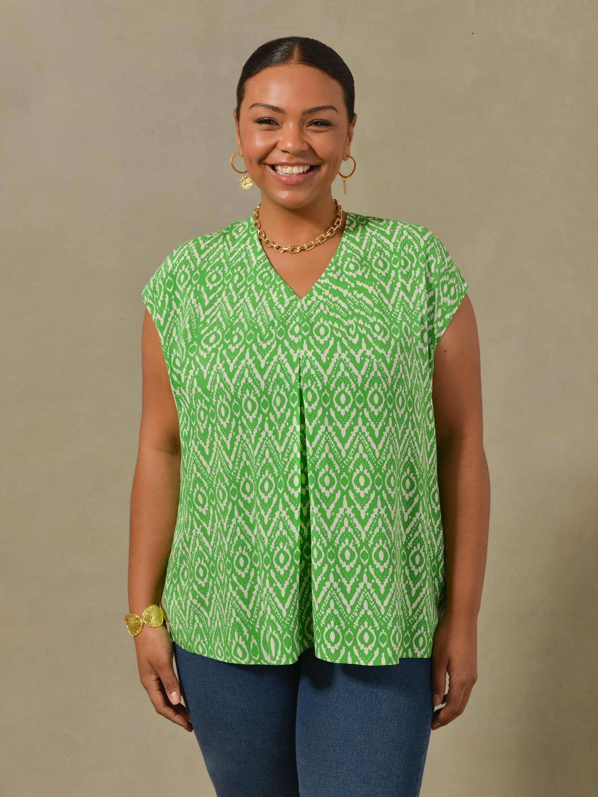 Green Aztec Print Woven Pleat Top - Image 2