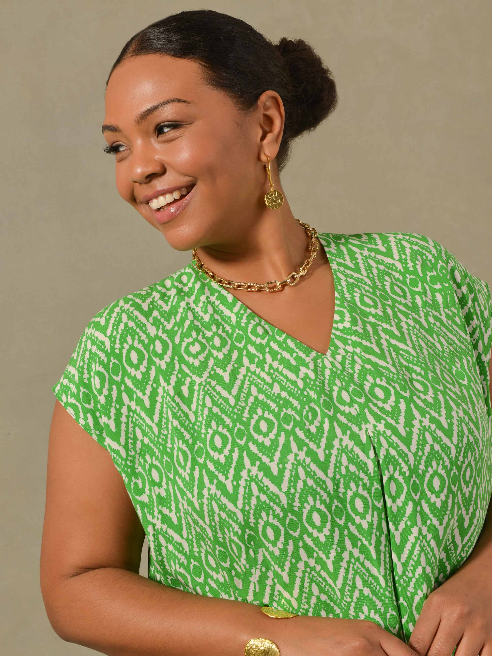 Green Aztec Print Woven Pleat Top - Image 3
