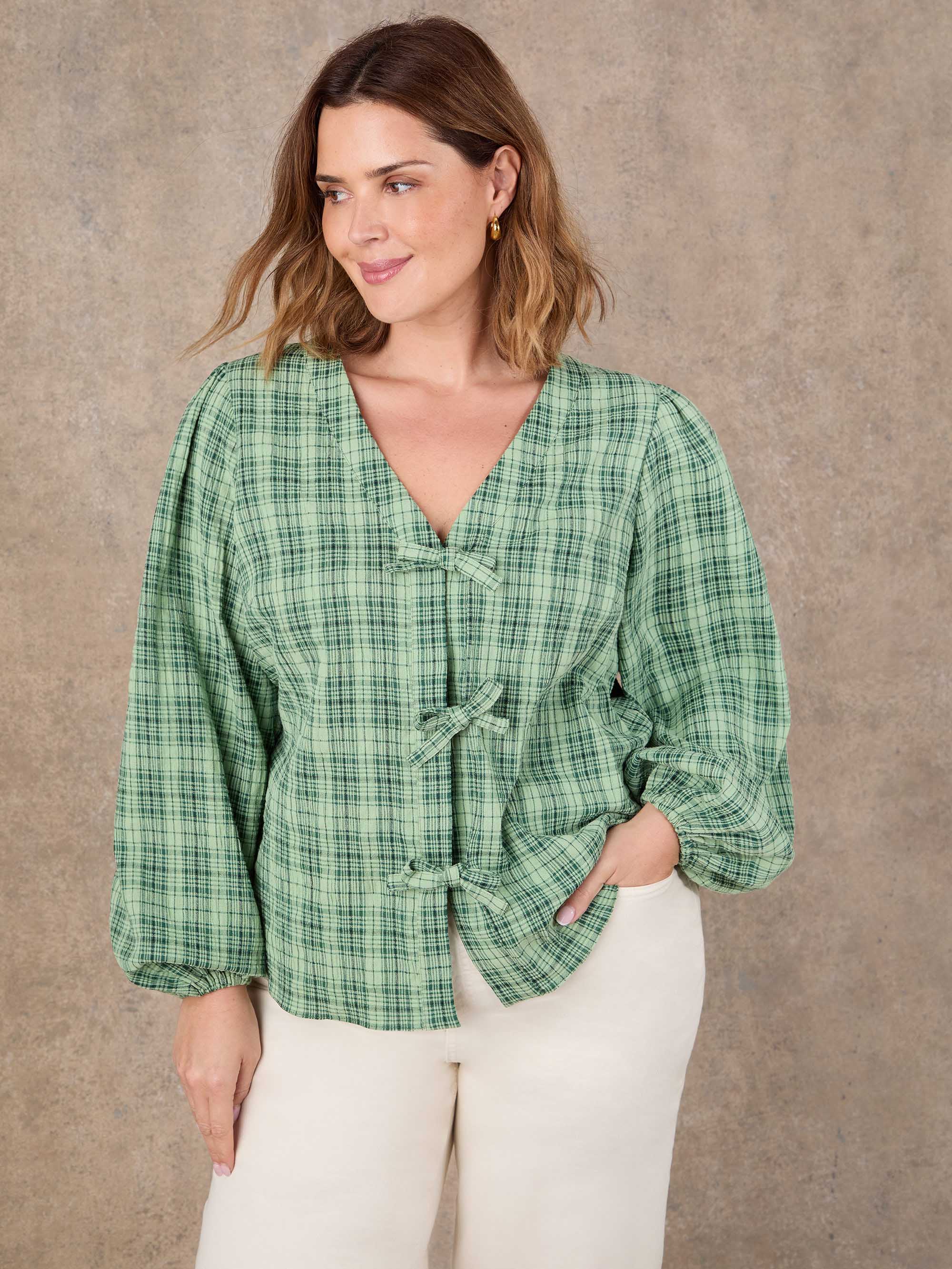 Green Check Bow Front Blouse - Image 3