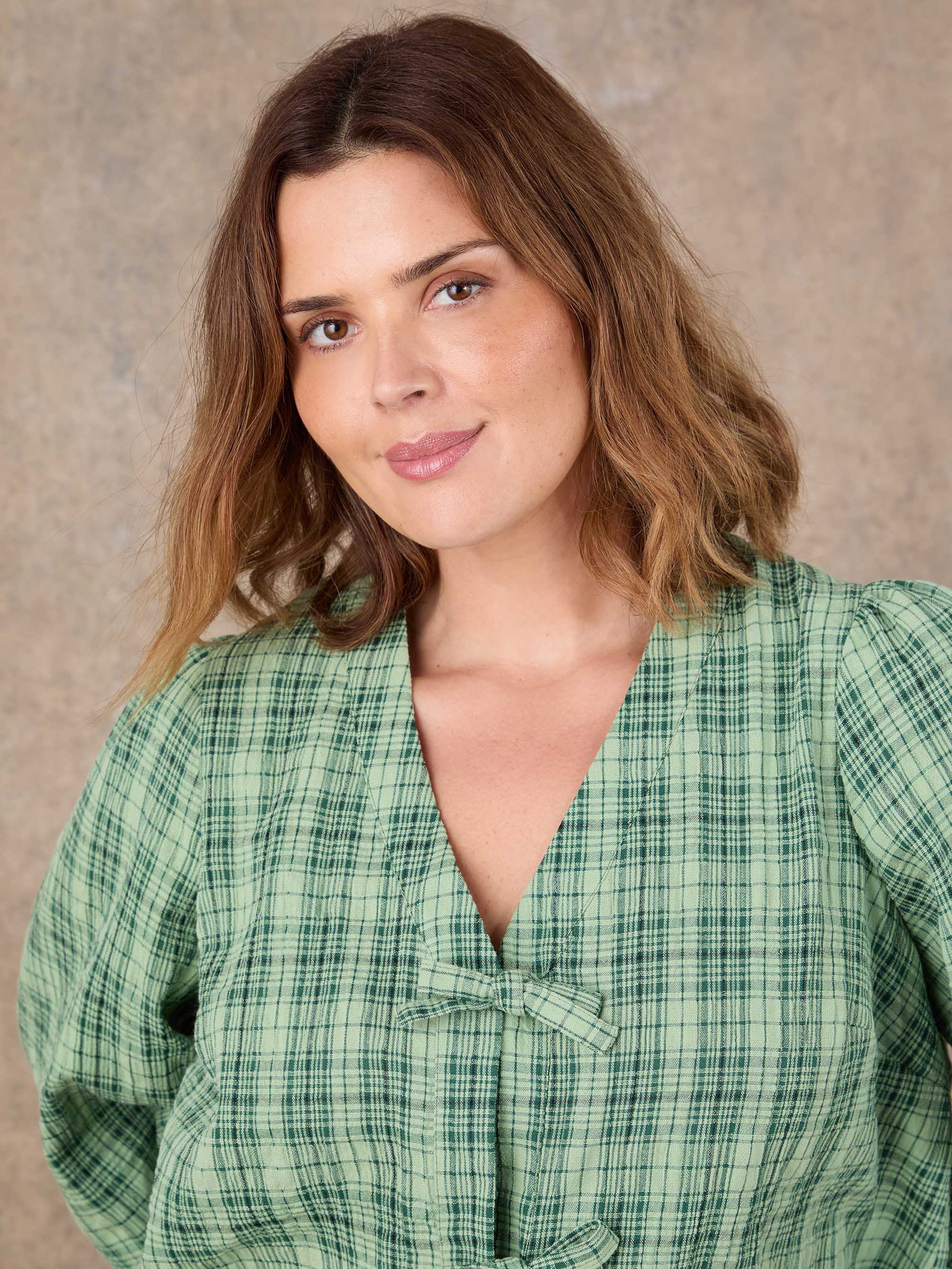 Green Check Bow Front Blouse - Image 4