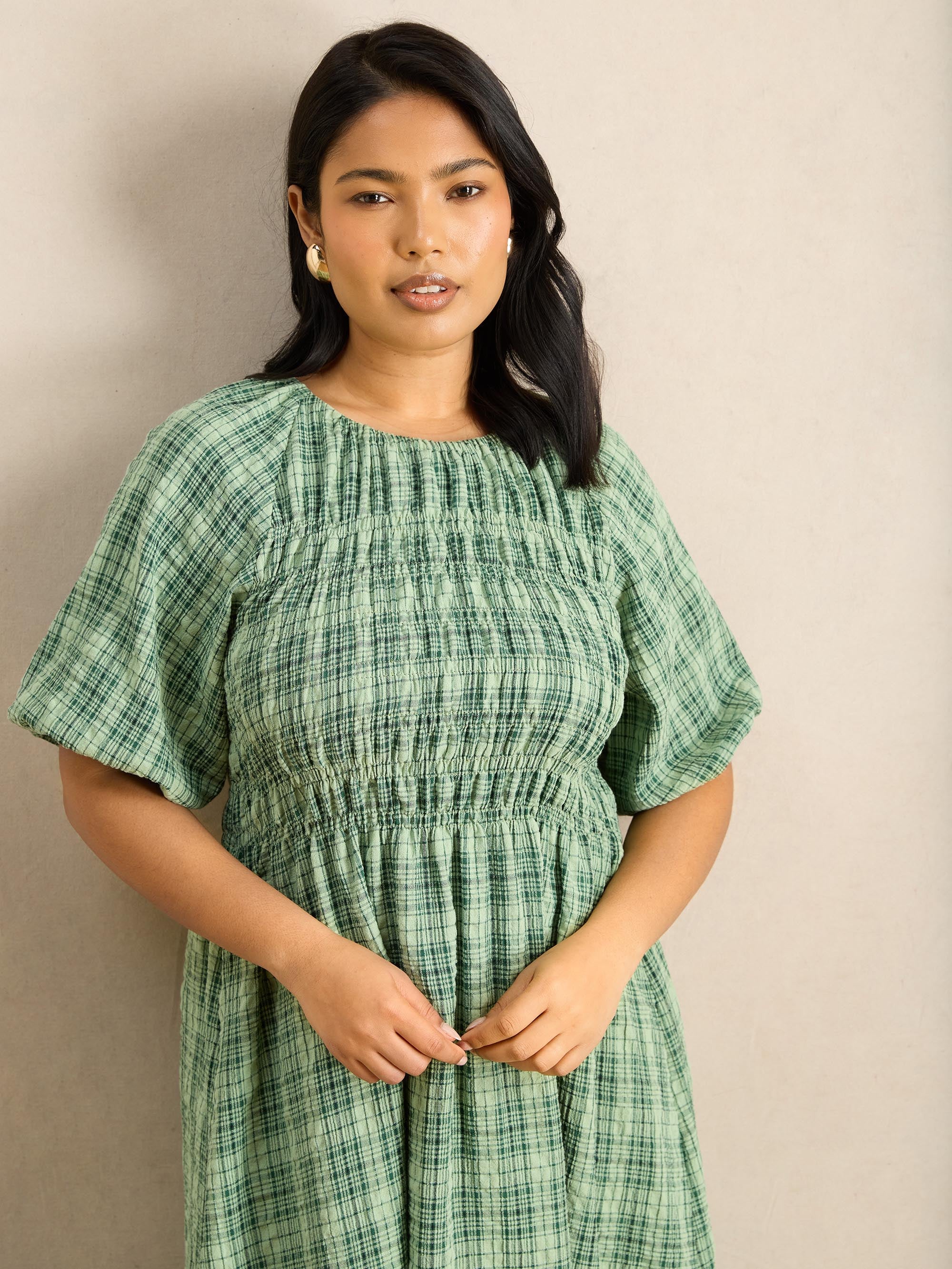 Green Check Print Blouson Sleeve Shirred Dress - Image 2