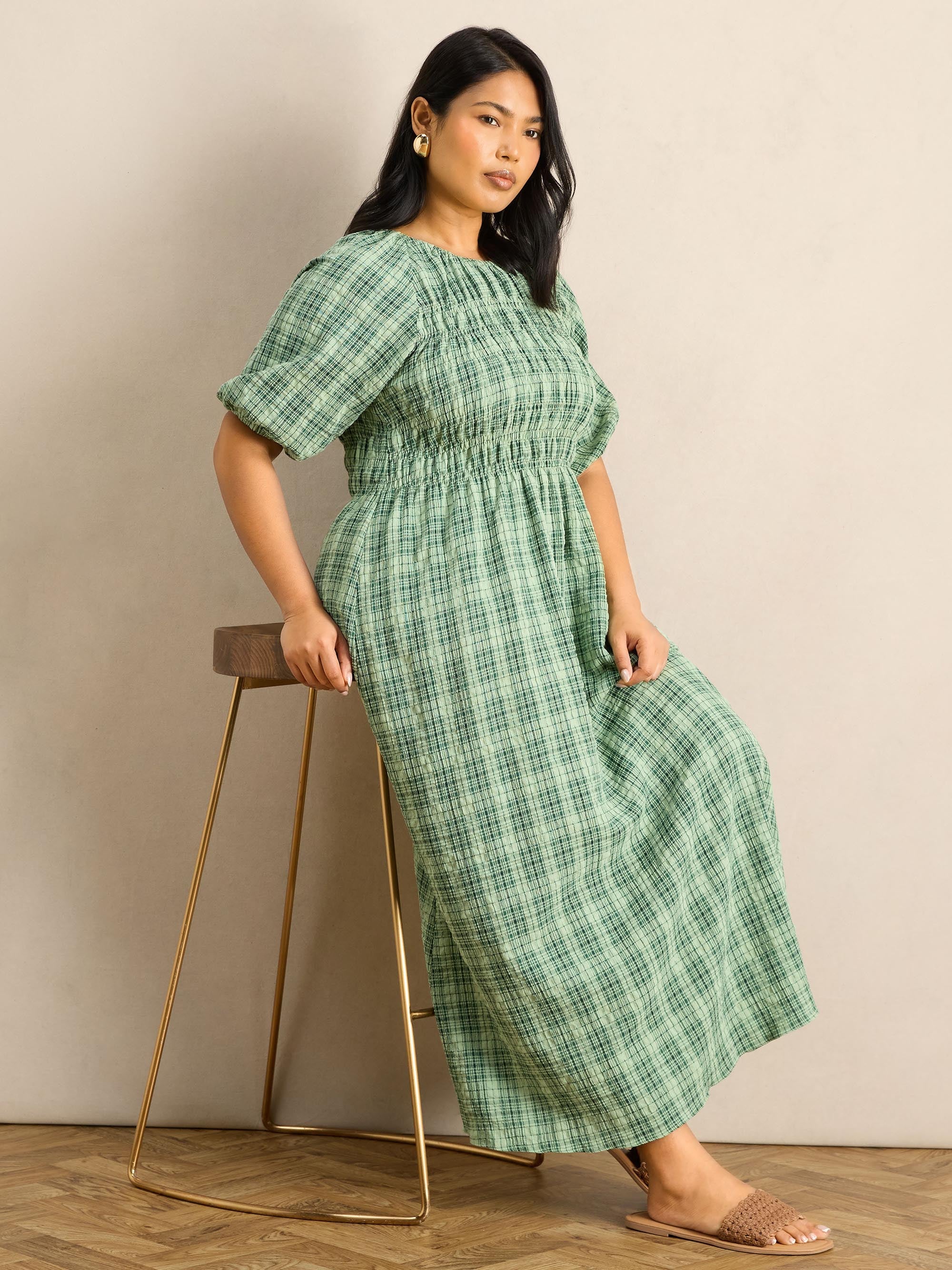 Green Check Print Blouson Sleeve Shirred Dress - Image 3