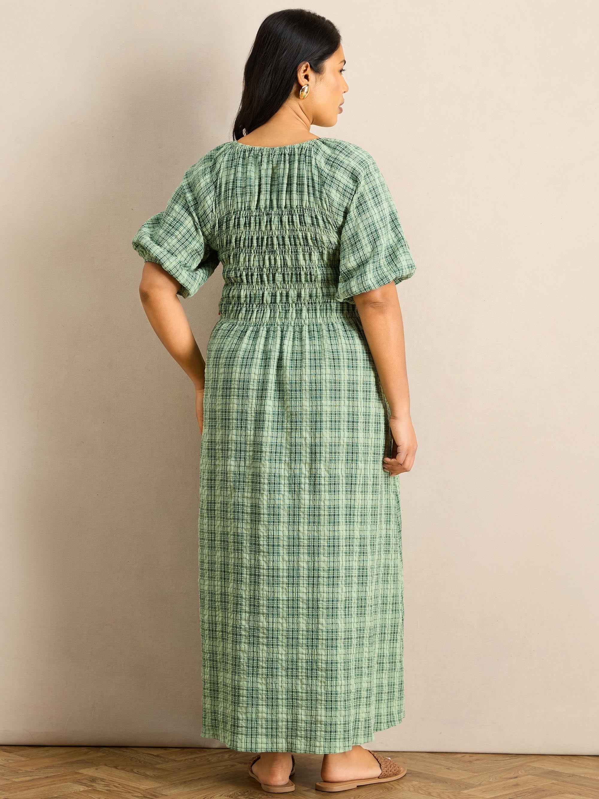 Green Check Print Blouson Sleeve Shirred Dress - Image 4
