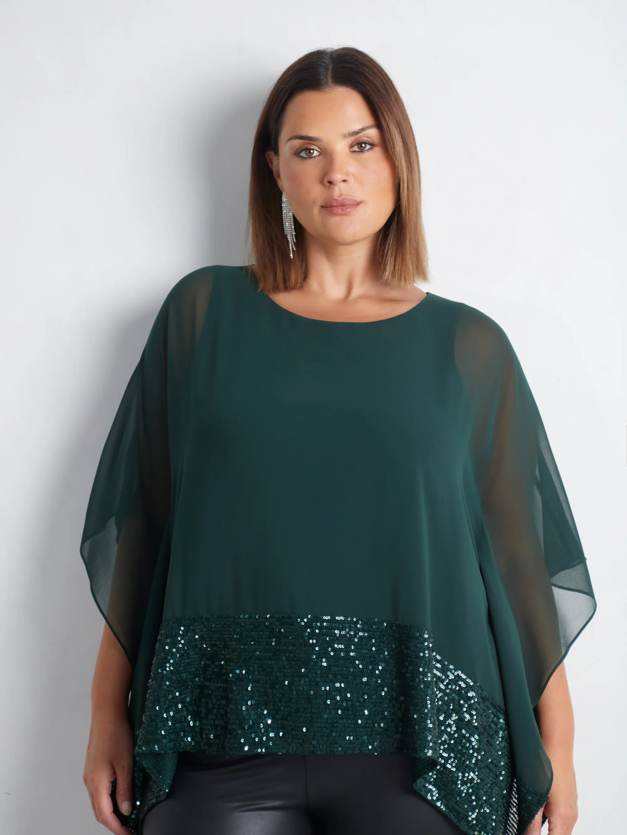 Green Chiffon Sequin Trim Overlayer Top - Image 2