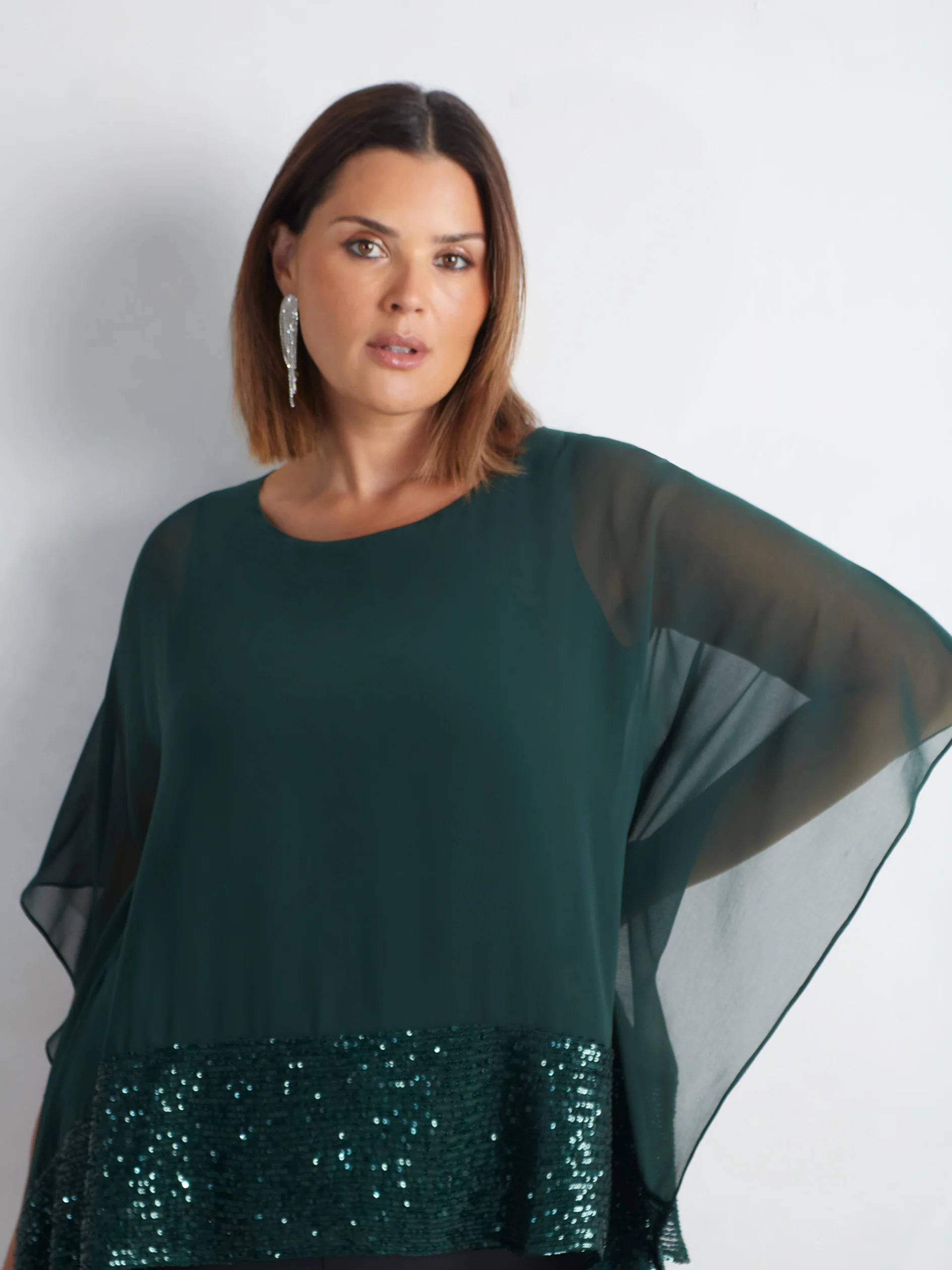 Green Chiffon Sequin Trim Overlayer Top - Image 3