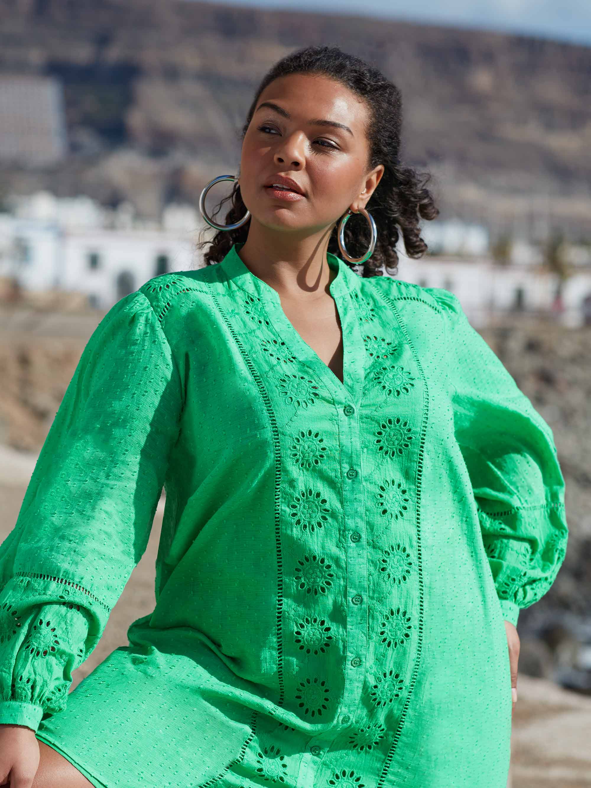Green Cotton Broderie Shirt Dress - Image 2
