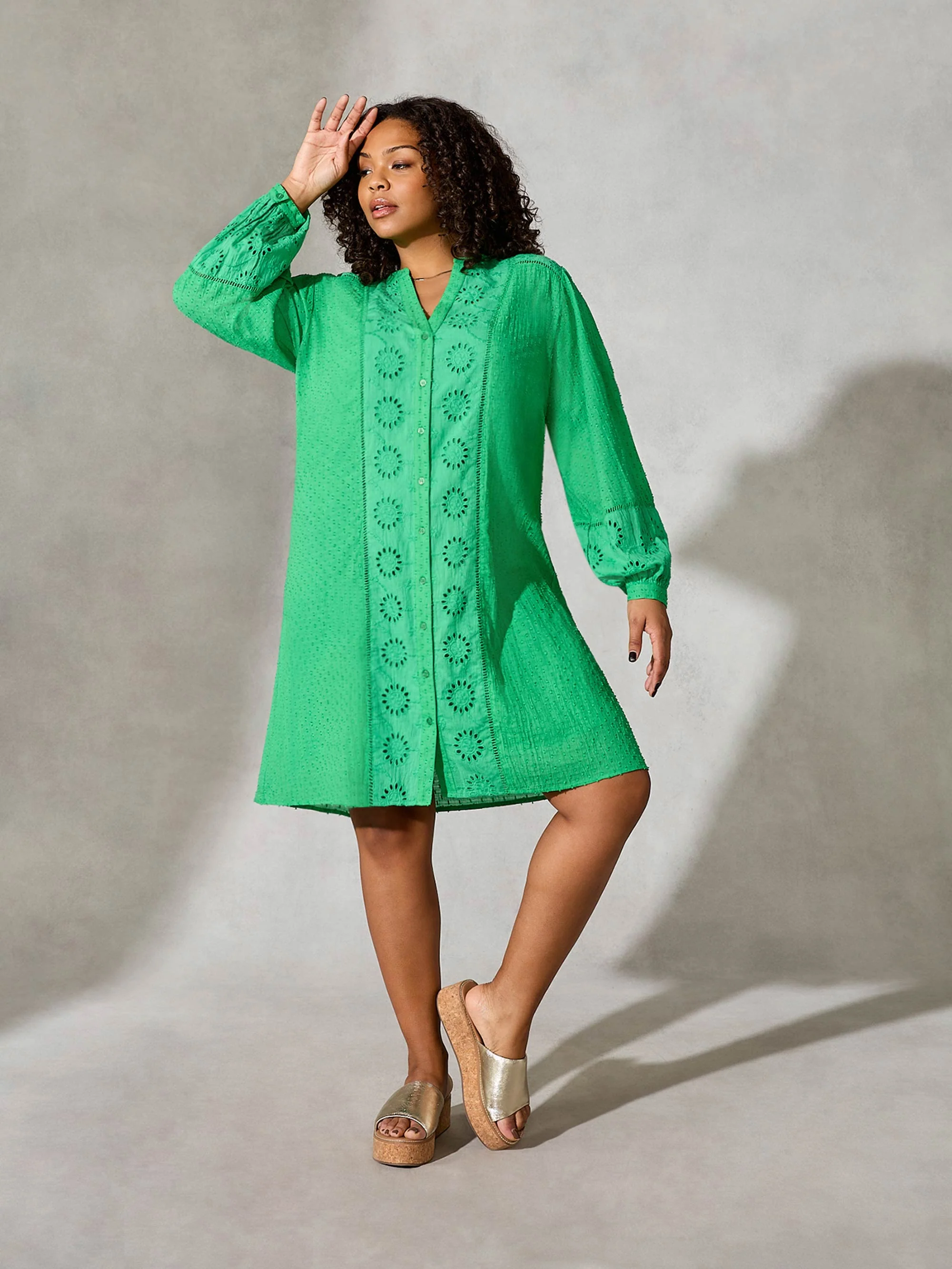 Green Cotton Broderie Shirt Dress - Image 3