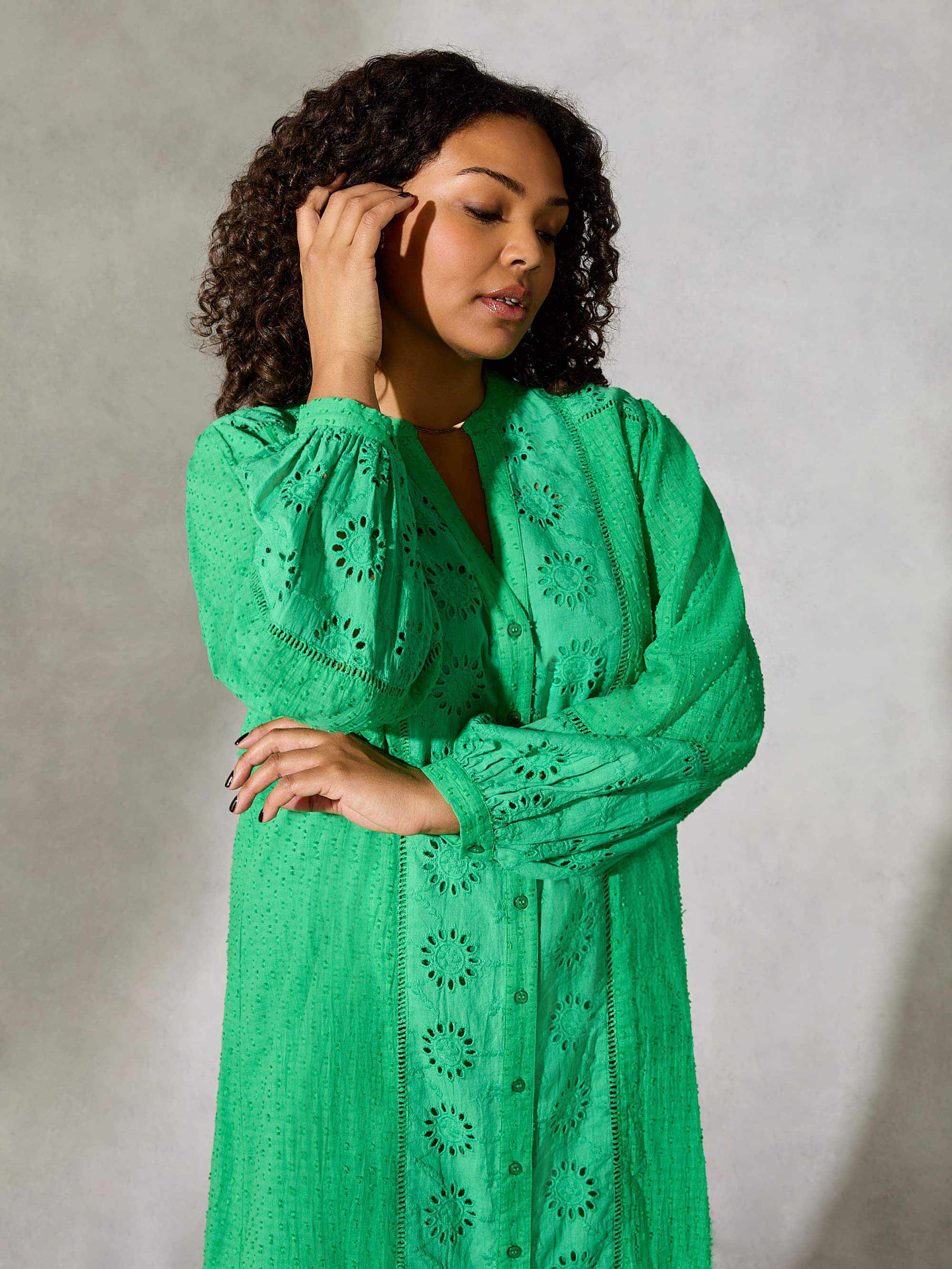 Green Cotton Broderie Shirt Dress - Image 4