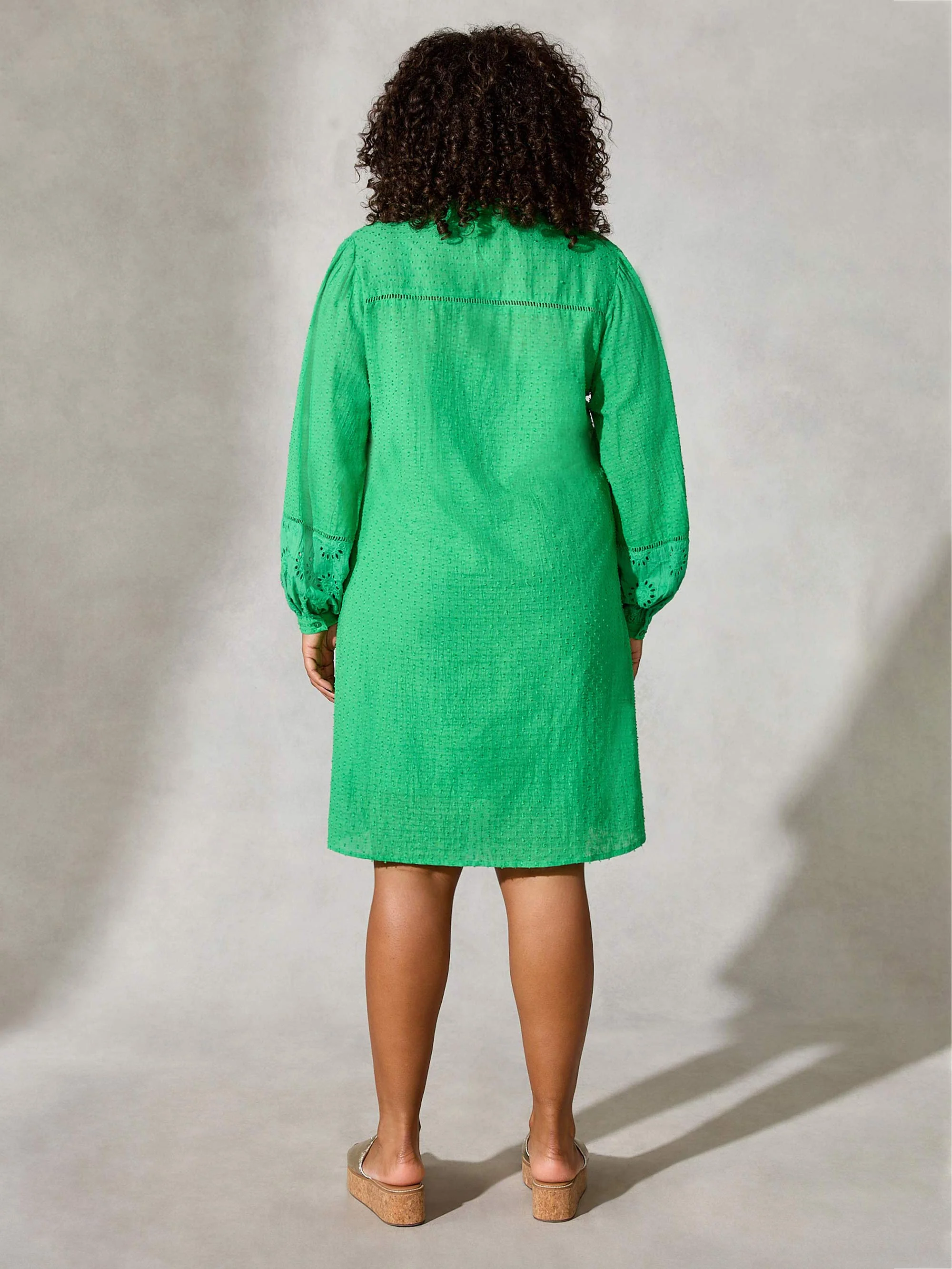 Green Cotton Broderie Shirt Dress - Image 5