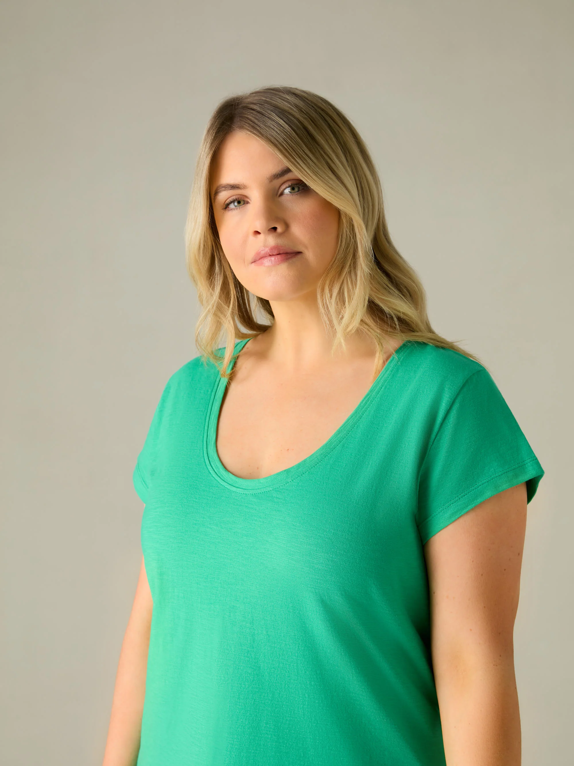 Green Cotton Slub Scoop Neck T-Shirt - Image 2