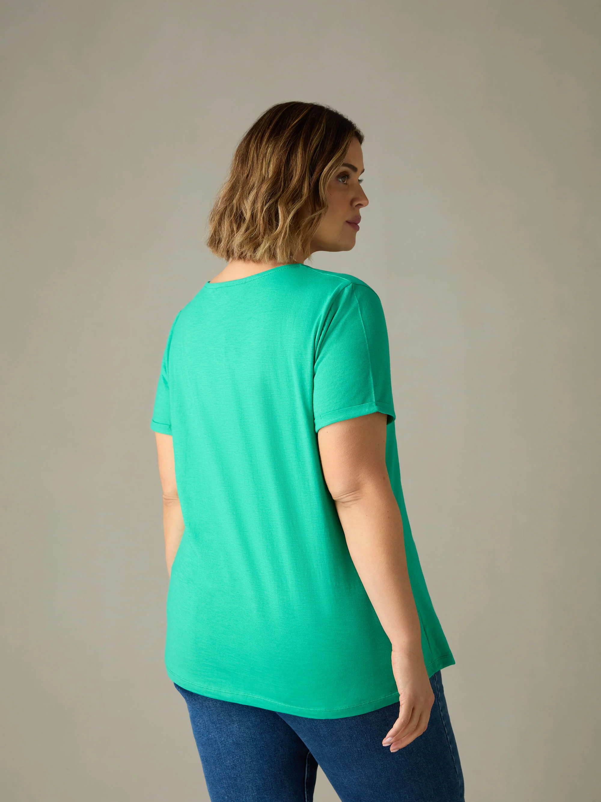 Green Cotton Slub V-Neck T-Shirt - Image 4