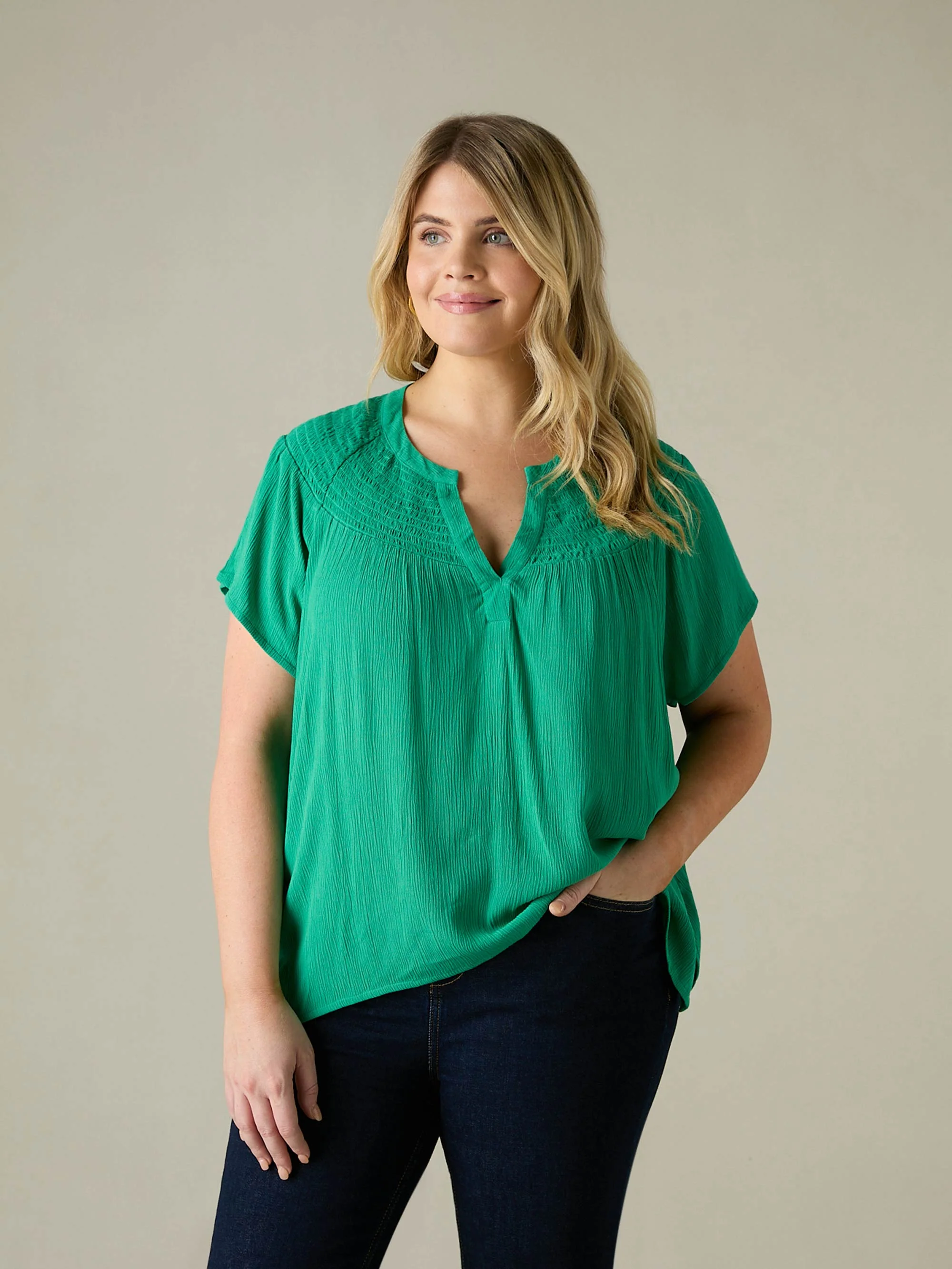 Green Crinkle Shirred Shoulder Top - Image 3
