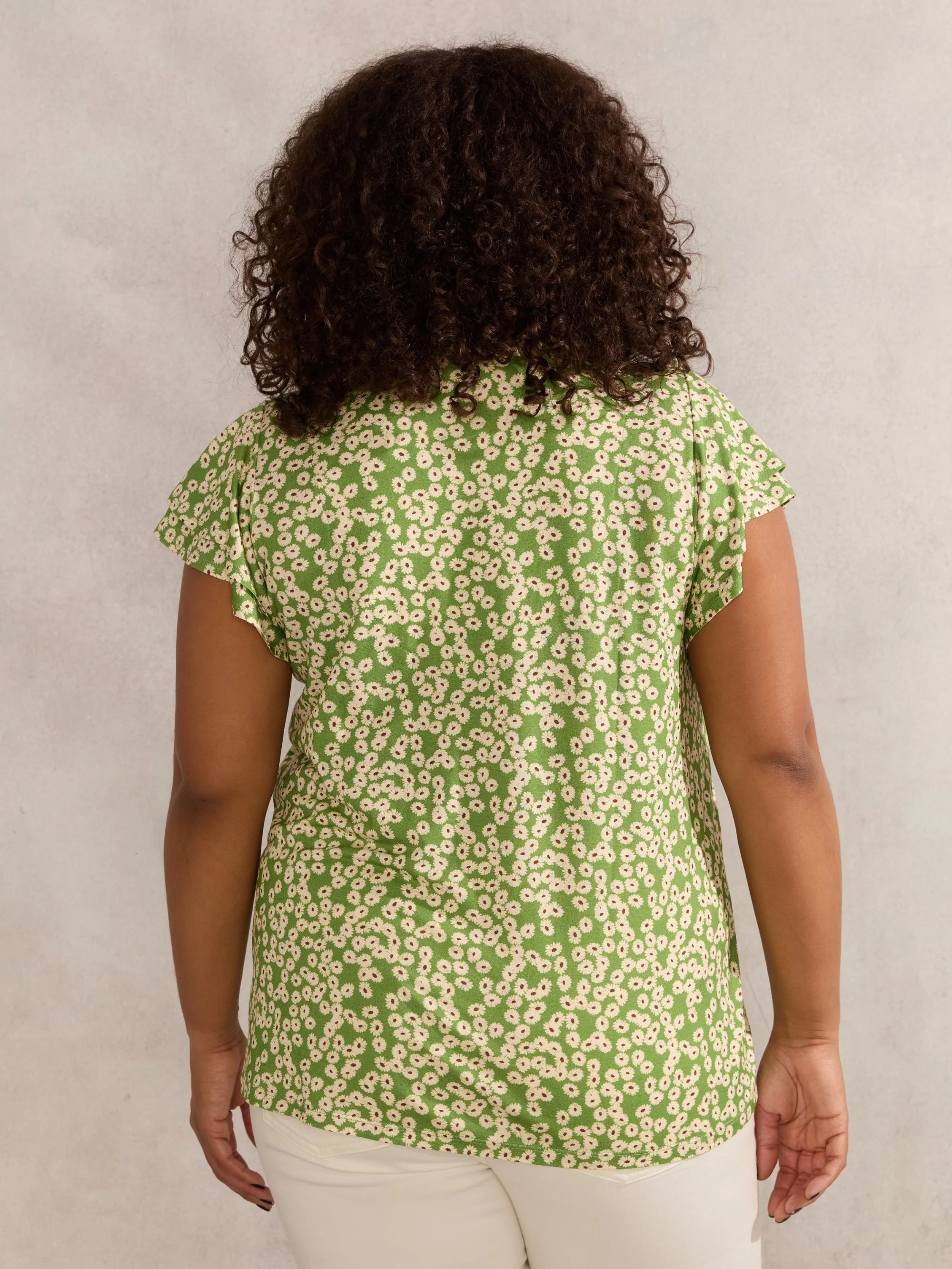 Green Ditsy Jersey Flutter Sleeve Top - Image 3