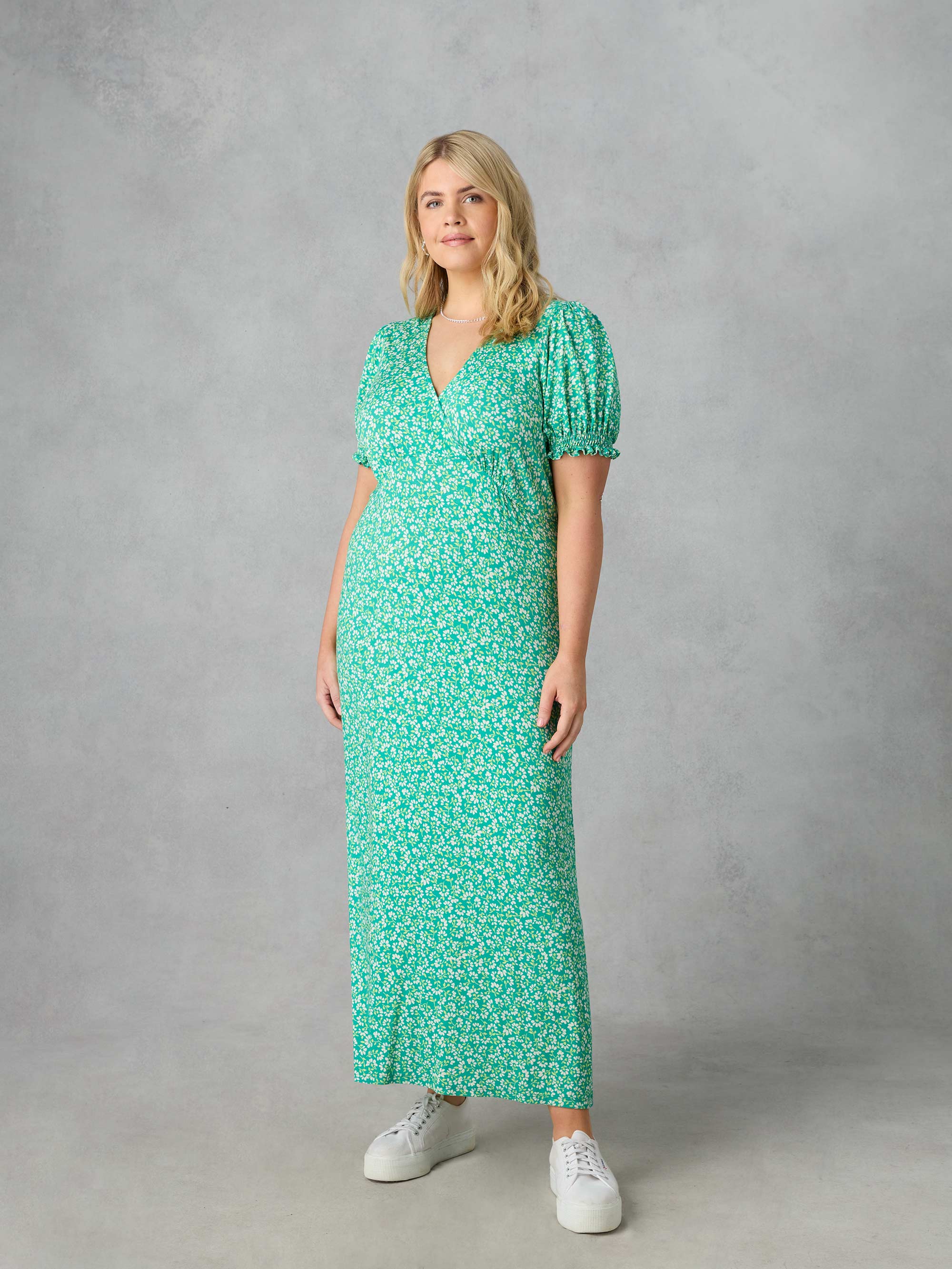 Green Ditsy Jersey Shirred Cuff Maxi Dress - Image 3