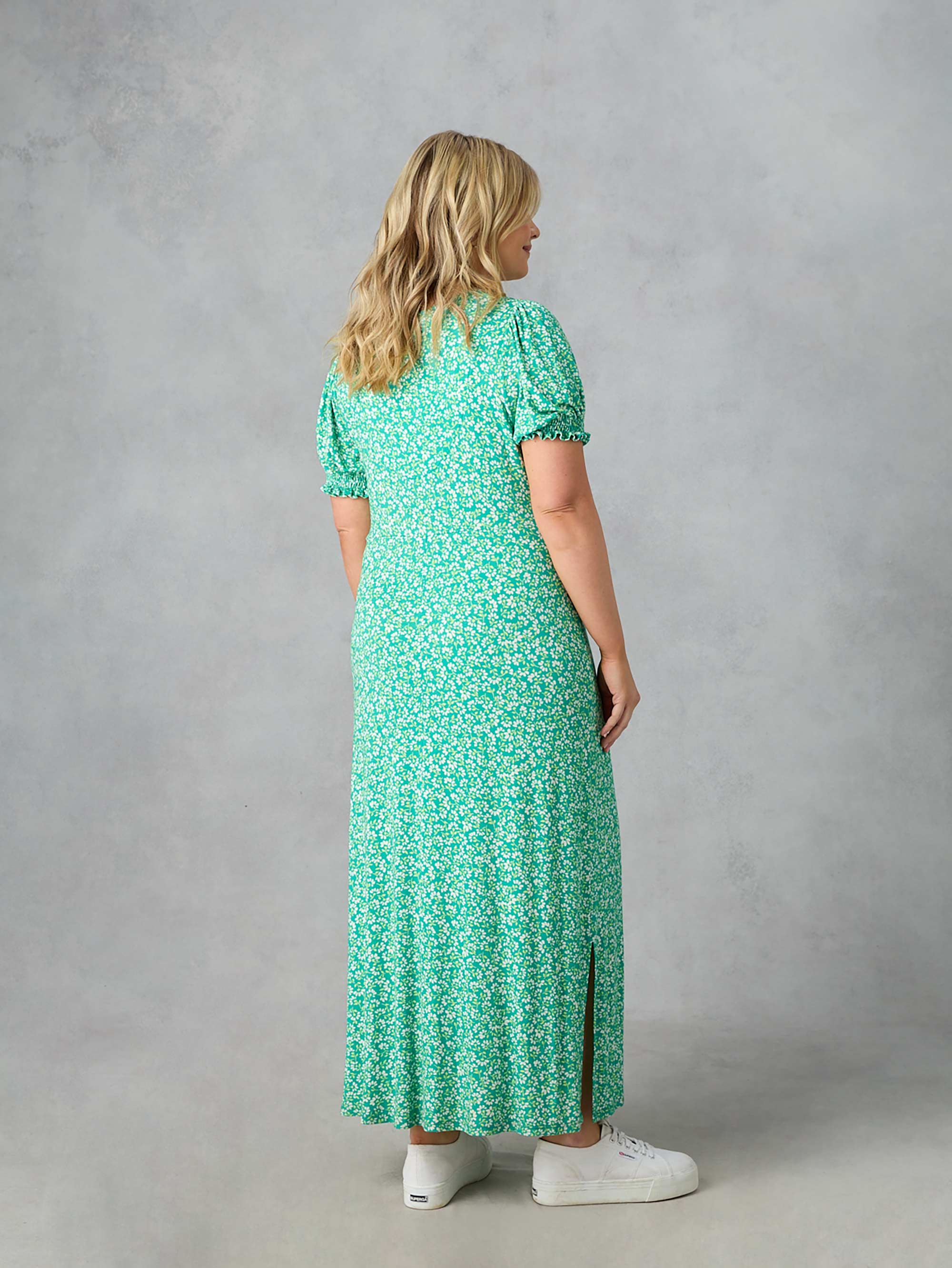 Green Ditsy Jersey Shirred Cuff Maxi Dress - Image 6