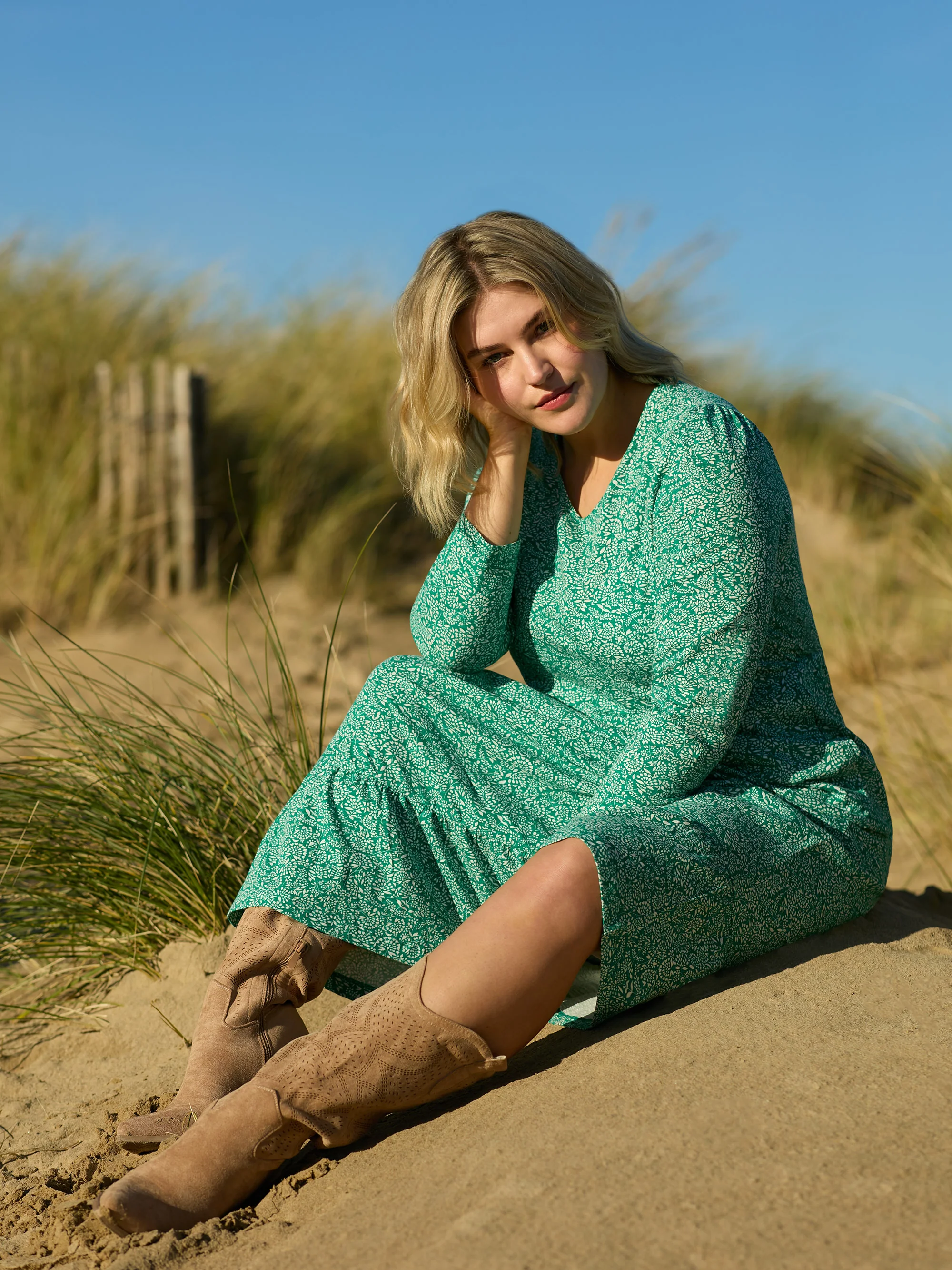 Green Ditsy Leaf Cotton Slub Tiered Midi Dress