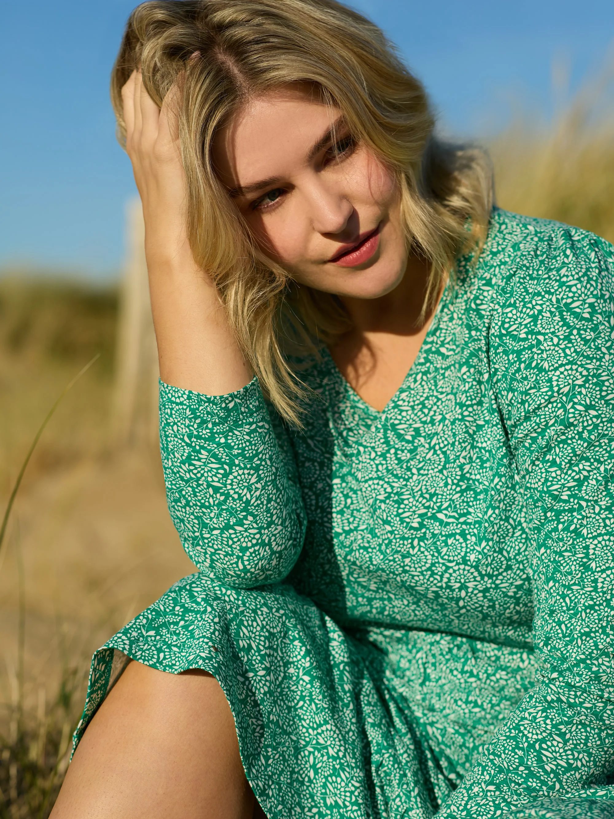 Green Ditsy Leaf Cotton Slub Tiered Midi Dress - Image 2