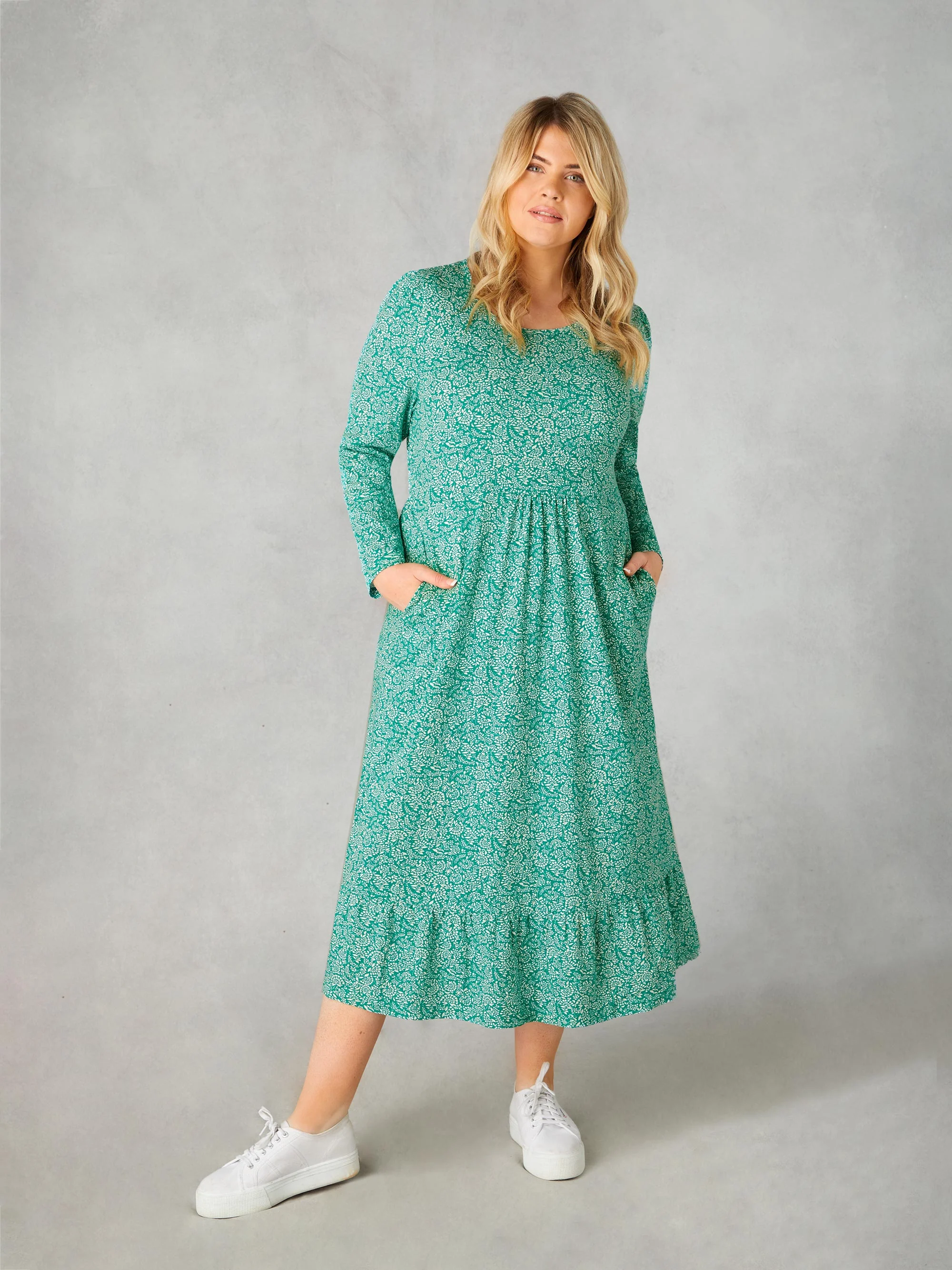 Green Ditsy Leaf Cotton Slub Tiered Midi Dress - Image 5