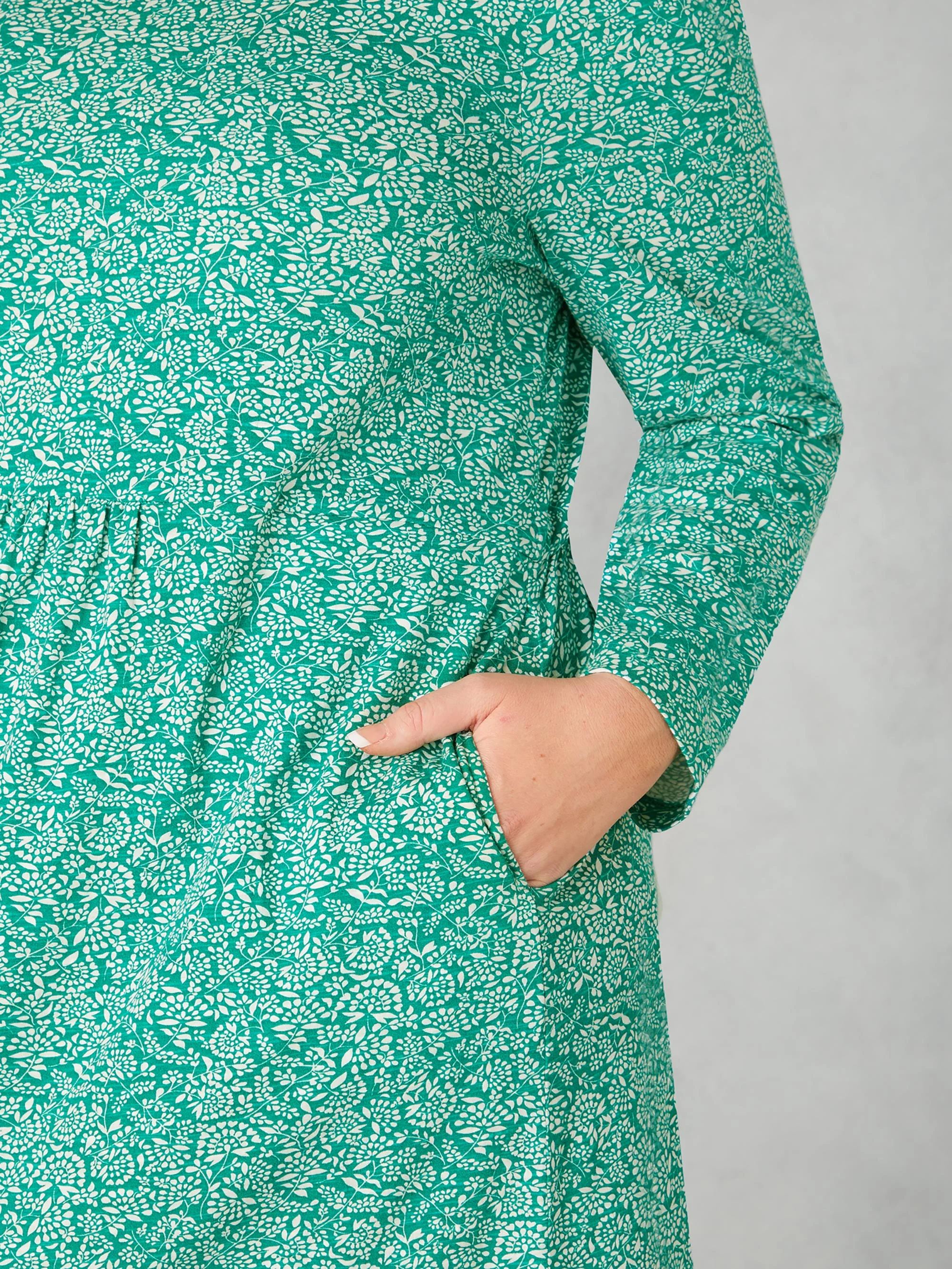 Green Ditsy Leaf Cotton Slub Tiered Midi Dress - Image 6