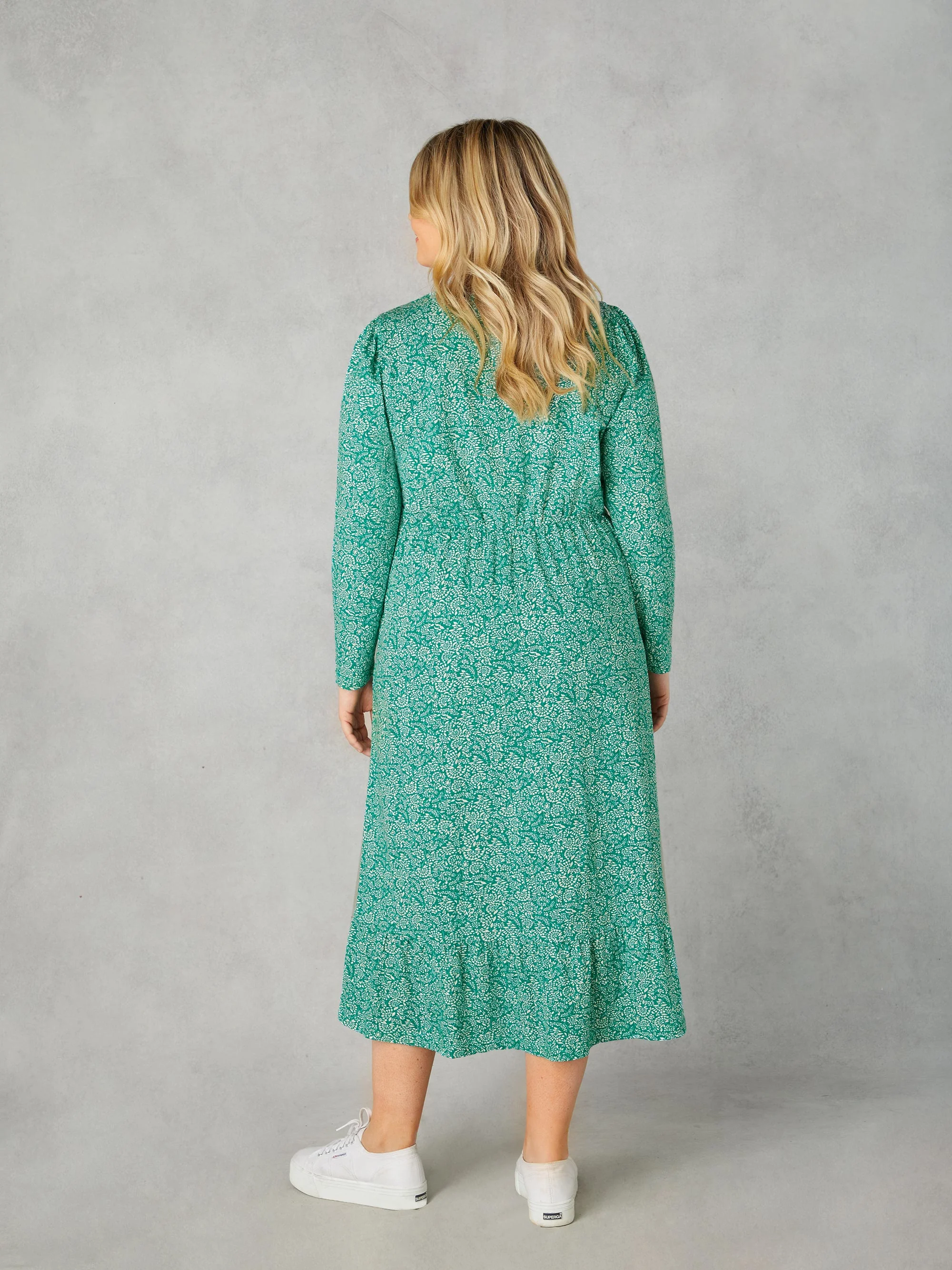 Green Ditsy Leaf Cotton Slub Tiered Midi Dress - Image 8