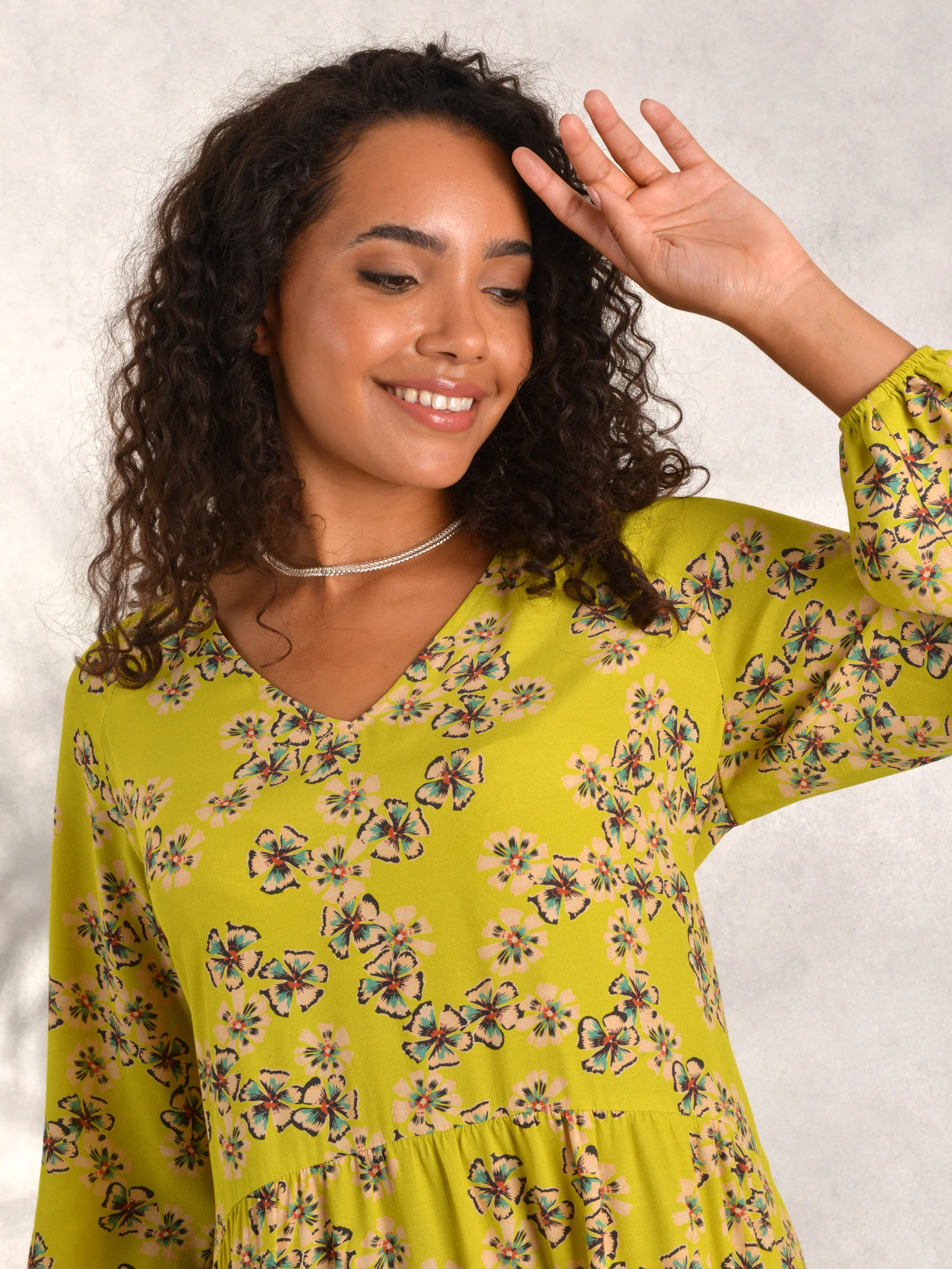 Chartreuse Floral Print A-Line Viscose Dress - Image 2