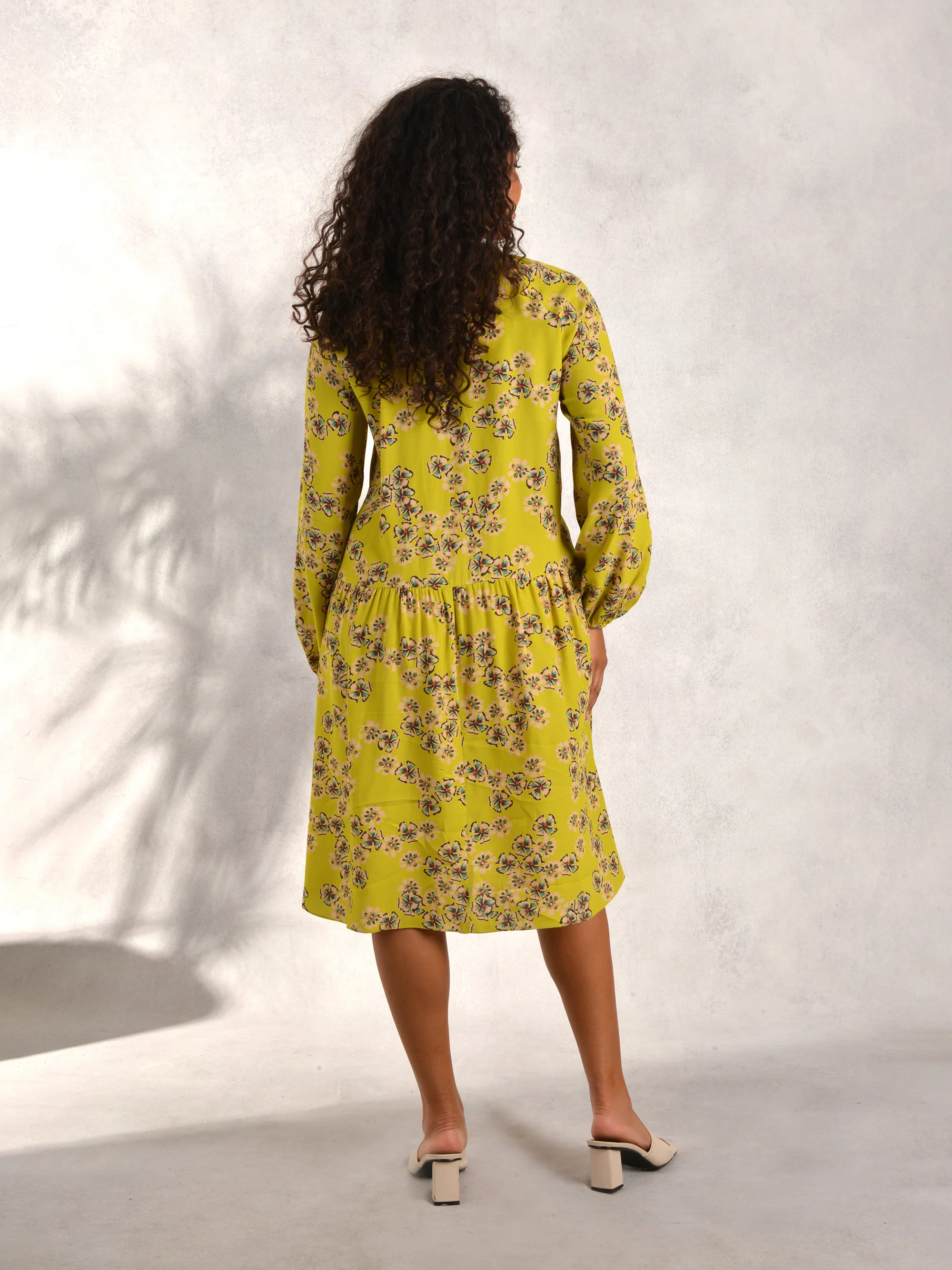 Chartreuse Floral Print A-Line Viscose Dress - Image 3