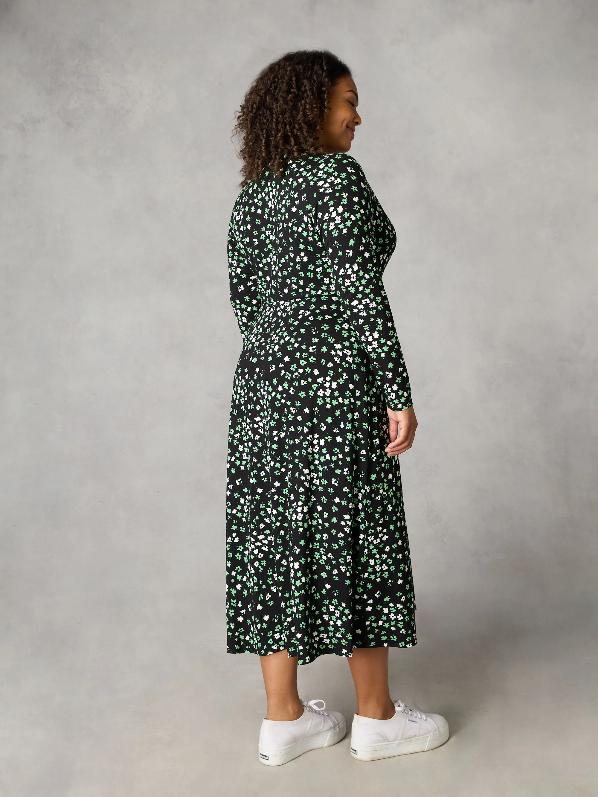 Green Ditsy Shawl Collar Midi Dress - Image 3
