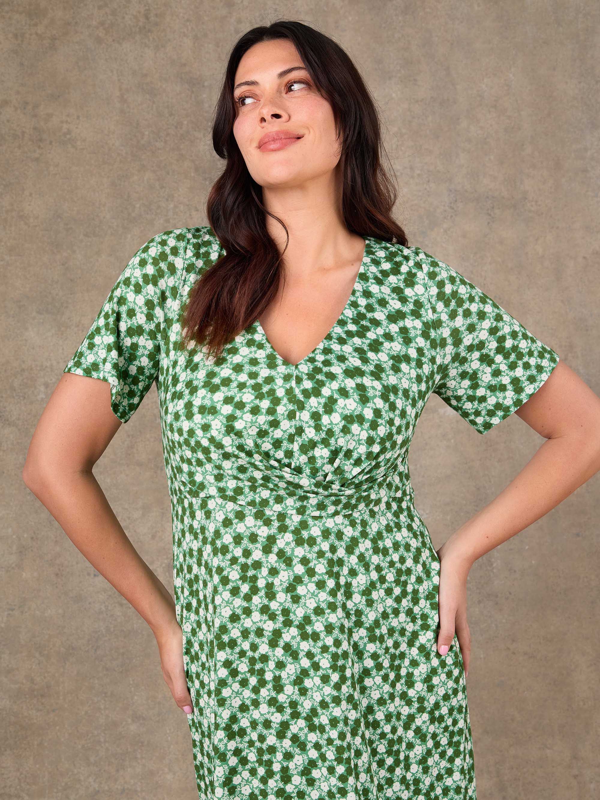 Green Ditsy Twist Wrap Jersey Midaxi Dress - Image 2
